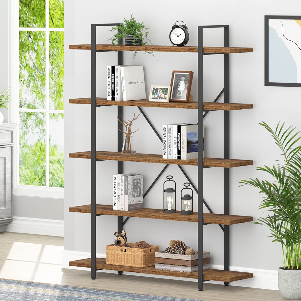 HSH 4-Shelf Vintage Industrial Bookshelf, Rustic Gray Wood and Metal 4 Tier Bookcase, Open Wide Etagere Book Shelf for Home Office Livingroom Bedroom Dispaly, Light Grey Oak
