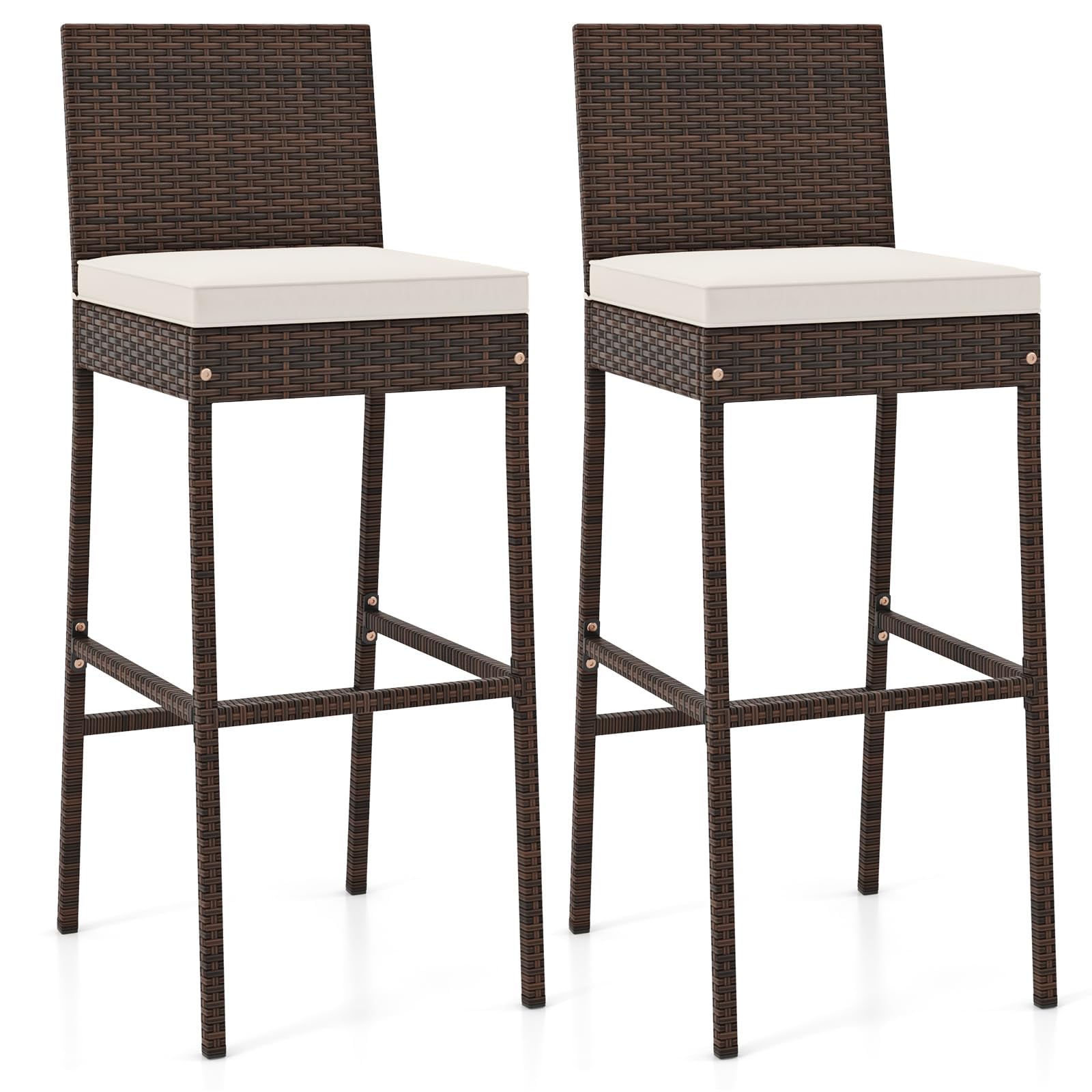 COSTWAY Outdoor Wicker Bar Stools Set of 2, 30'' Patio Bar Height Chairs with Cushion, Footrest and Backrest, Rattan Barstools for Backyard Poolside Deck (Grey)