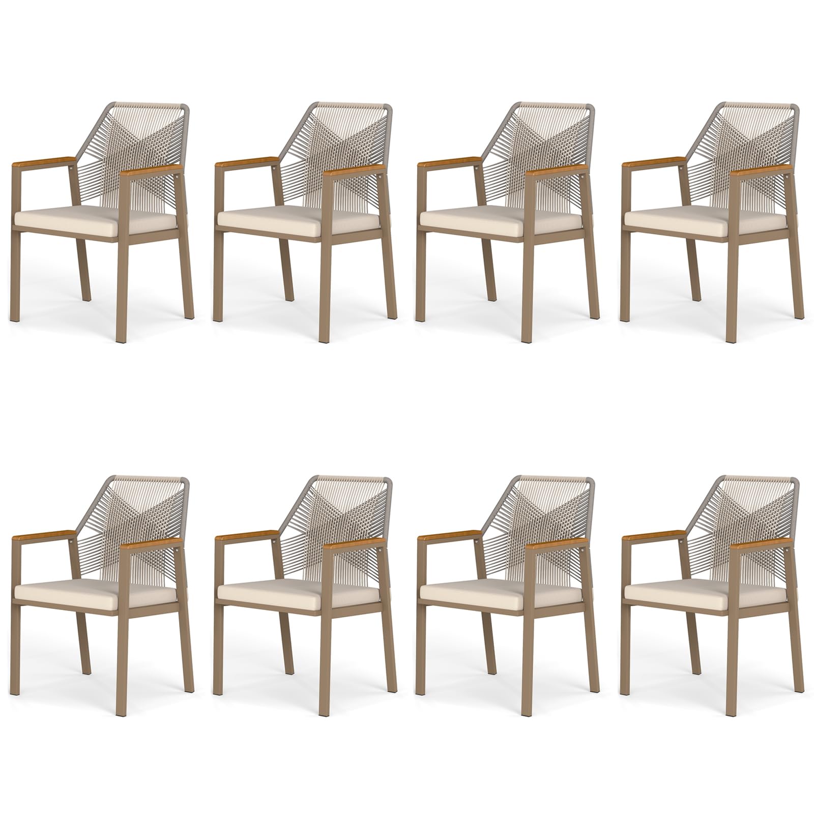 Outdoor Patio Dining Chair, All-Weather Woven Rope Outdoor Chairs Set of 2, Sturdy Iron Frame, 400 lbs, Ergonomic Backrest, Removable Breathable Cushion, for Patio & Garden, Light Brown