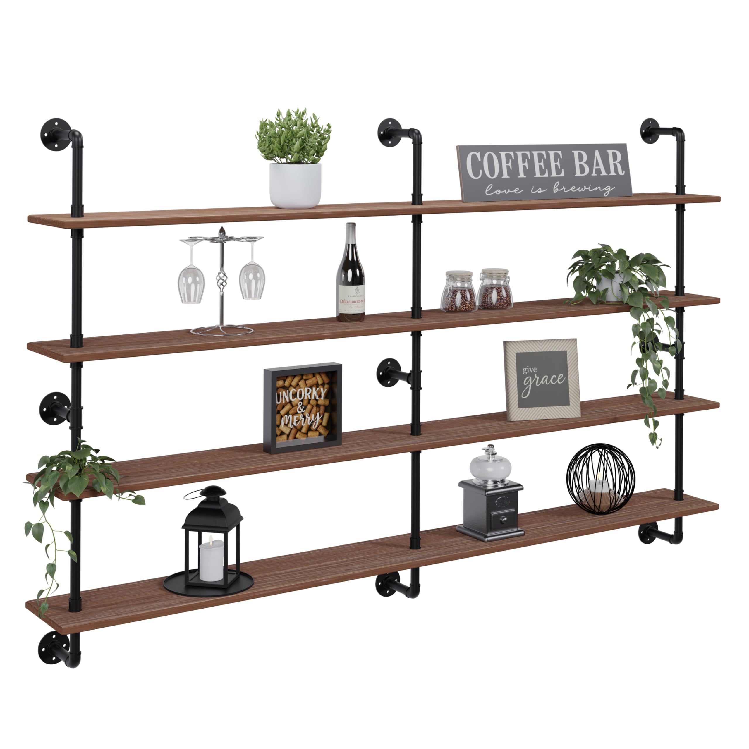 HDDFER Industrial Pipe Shelf Shelving Bookcase, Wall Mounted Rustic Bookshelf, Floating Bookshelves for Wall,Retro Wood Metal Pipe Industrial Shelves for Living Room