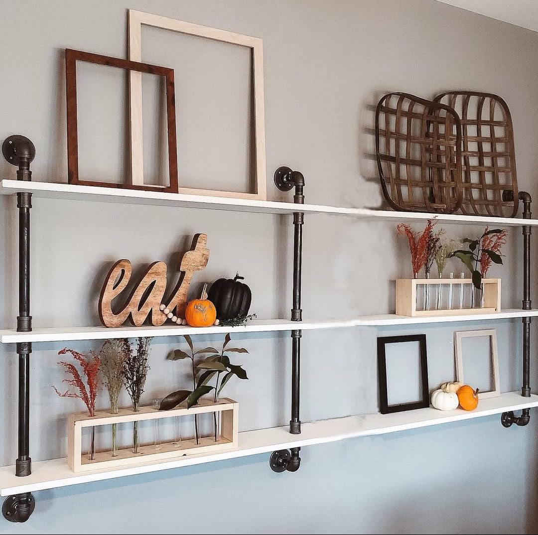 HDDFER Industrial Pipe Shelf Shelving Bookcase, Wall Mounted Rustic Bookshelf, Floating Bookshelves for Wall,Retro Wood Metal Pipe Industrial Shelves for Living Room