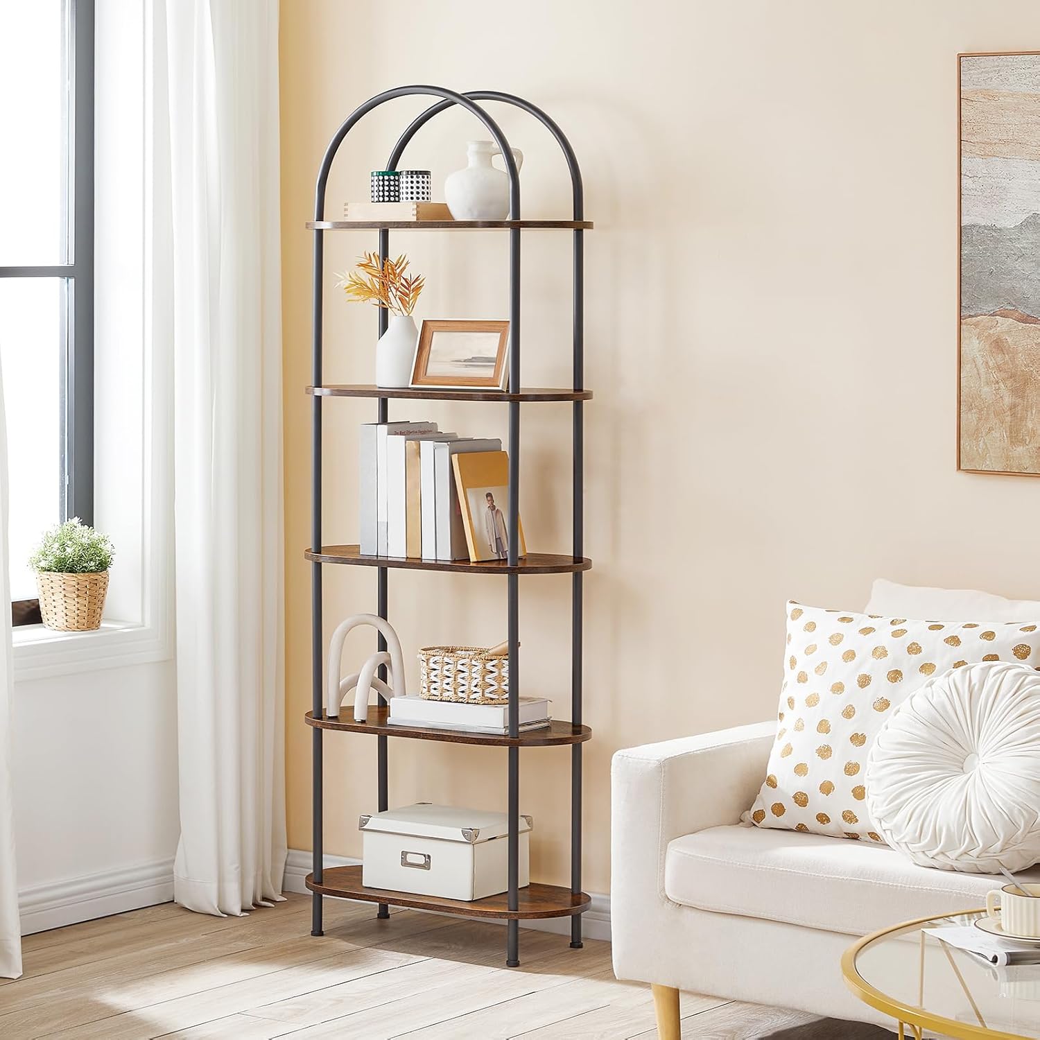 HOOBRO 5 Tier Open Bookshelf, Industrial Arched Bookcase Display Shelf Rack, Wooden Bookcase Storage Shelf Metal Frame, Tall Storage Organizer for Home, Easy Assembly, Rustic Brown BF176SJ01