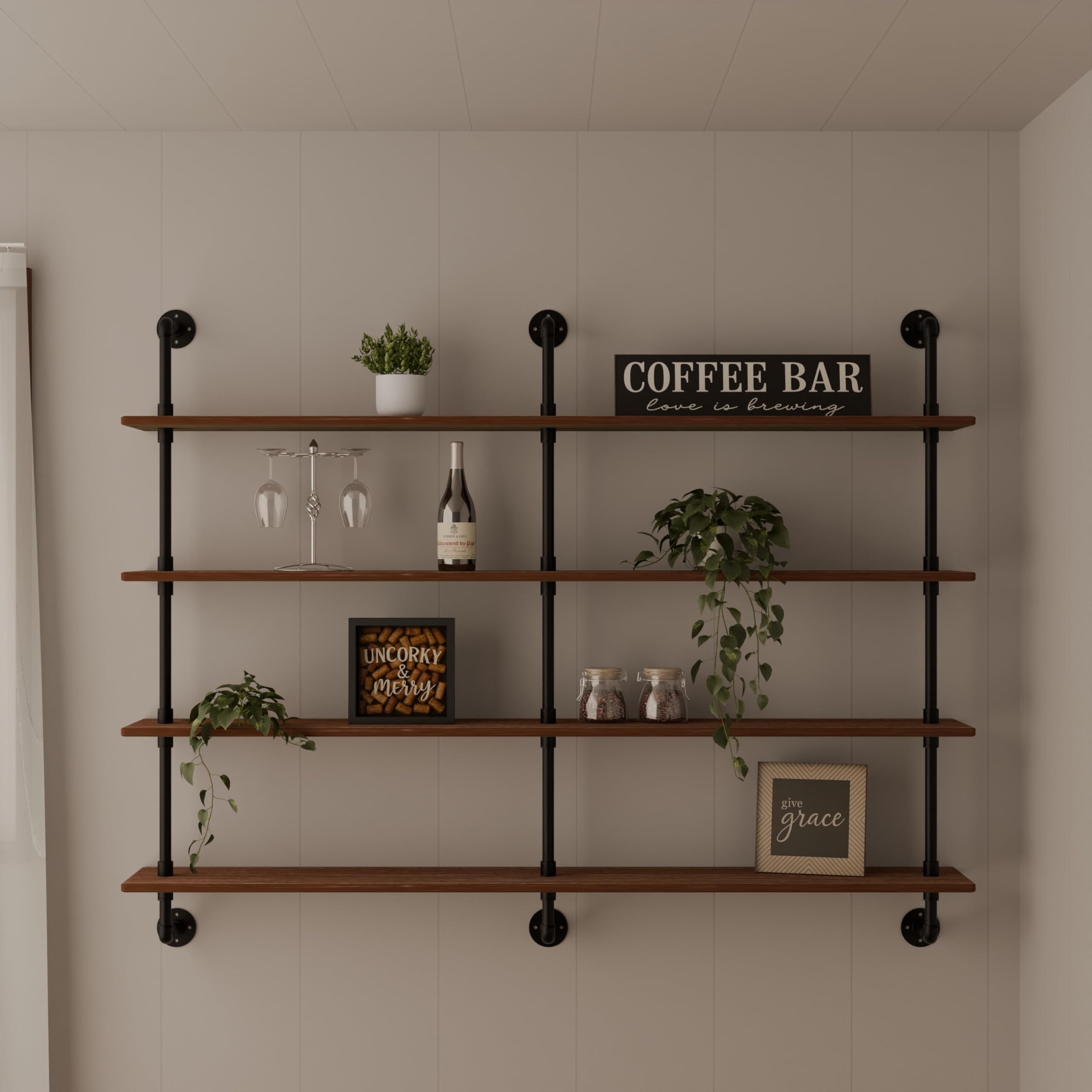 HDDFER Industrial Pipe Shelf Shelving Bookcase, Wall Mounted Rustic Bookshelf, Floating Bookshelves for Wall,Retro Wood Metal Pipe Industrial Shelves for Living Room