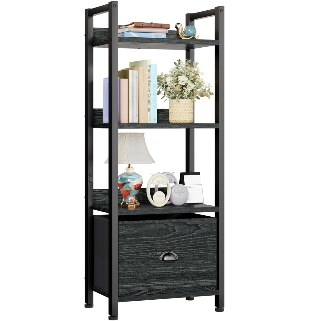 Furologee 5 Tier Bookshelf with Drawer, Tall Narrow Bookcase with Shelves, Wood and Metal Bookshelves Storage Organizer, Industrial Display Standing Shelf Unit for Bedroom, Living Room, Rustic Brown