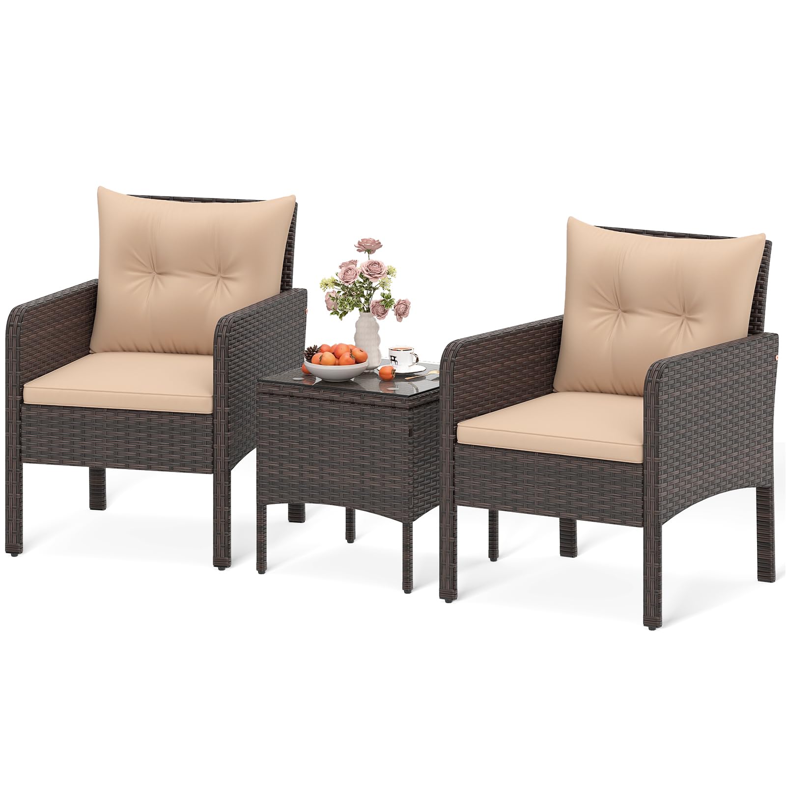 HAPPYGRILL 3 Pieces Patio Furniture Set Outdoor Rattan Wicker Coffee Table & Chairs Set with Seat Cushions Patio Conversation Set for Garden Balcony Backyard Poolside