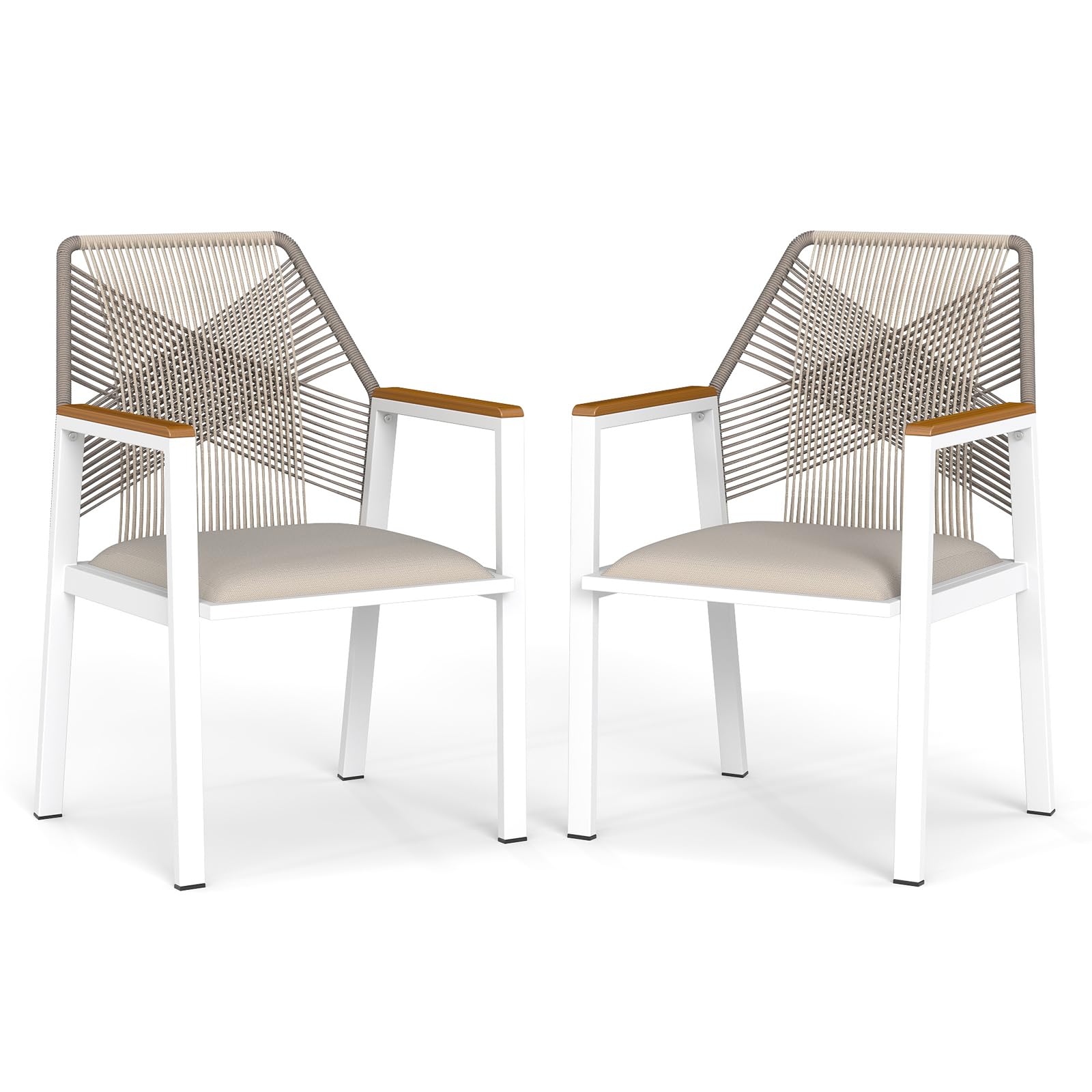 Outdoor Patio Dining Chair, All-Weather Woven Rope Outdoor Chairs Set of 2, Sturdy Iron Frame, 400 lbs, Ergonomic Backrest, Removable Breathable Cushion, for Patio & Garden, Light Brown