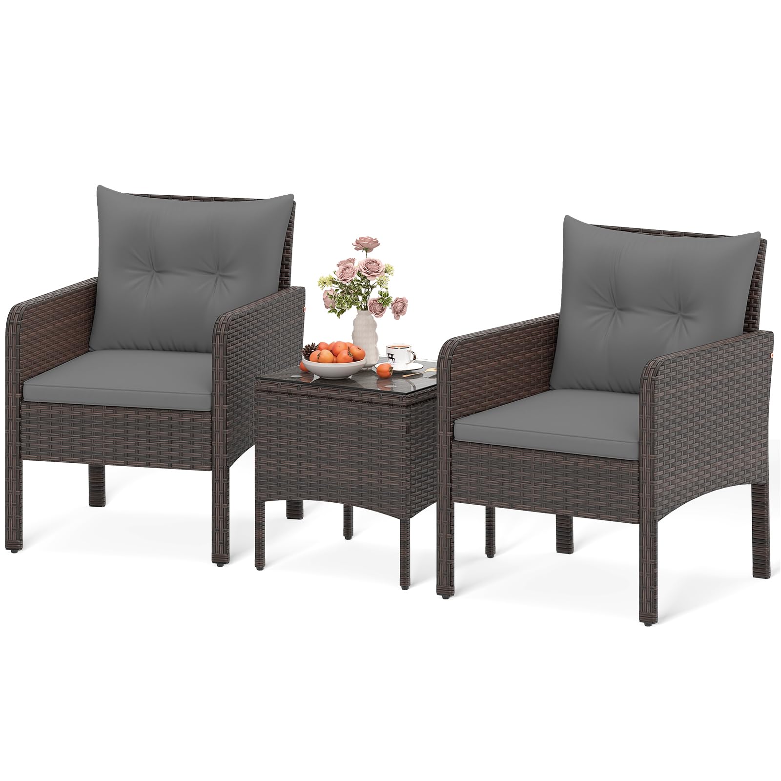 HAPPYGRILL 3 Pieces Patio Furniture Set Outdoor Rattan Wicker Coffee Table & Chairs Set with Seat Cushions Patio Conversation Set for Garden Balcony Backyard Poolside