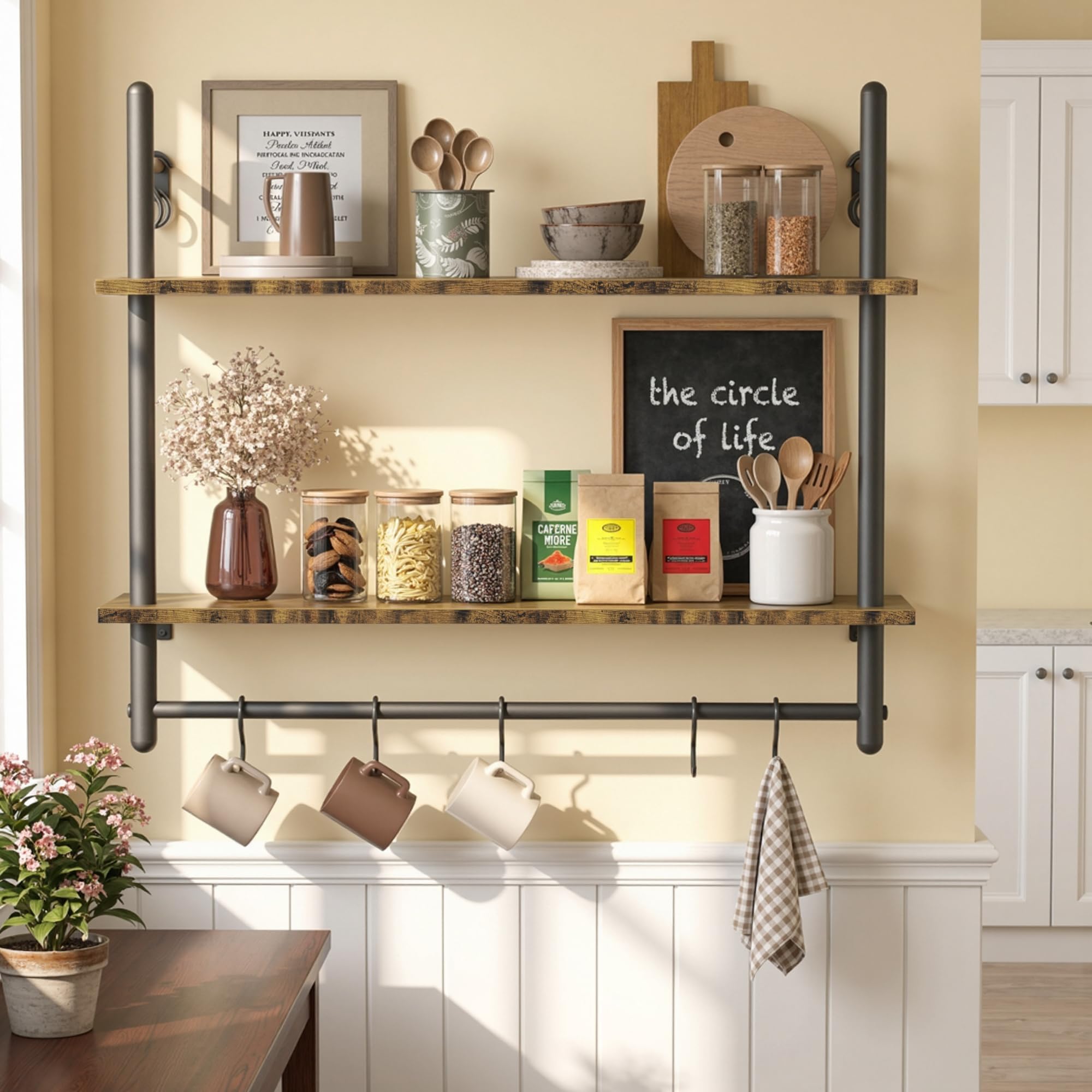 Merapi 24" Industrial Floating Shelves with Tower Bar, Pipe Shelves for Wall, 3 Tier Rustic Wood Wall Shelves for Home Décor, Bedroom, Living Room, Bathroom