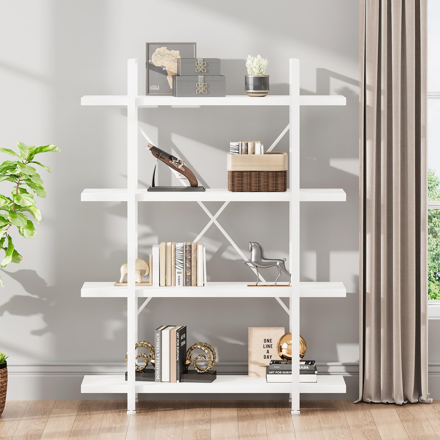 HSH 4-Shelf Vintage Industrial Bookshelf, Rustic Gray Wood and Metal 4 Tier Bookcase, Open Wide Etagere Book Shelf for Home Office Livingroom Bedroom Dispaly, Light Grey Oak
