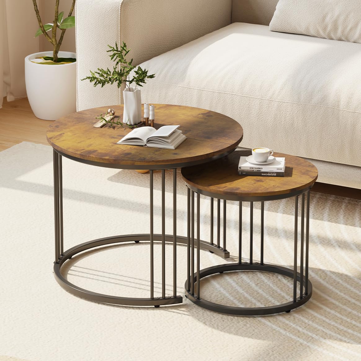 Garden 4 you Nesting Coffee Table, 23.6" Round Coffee Table Set of 2, Glass Nesting Table with Metal Frame, Ceter Tables for Living Room Bedroom Balcony, Gold