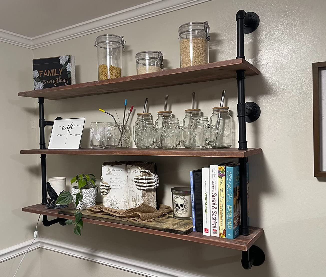 HDDFER Industrial Pipe Shelf Shelving Bookcase, Wall Mounted Rustic Bookshelf, Floating Bookshelves for Wall,Retro Wood Metal Pipe Industrial Shelves for Living Room