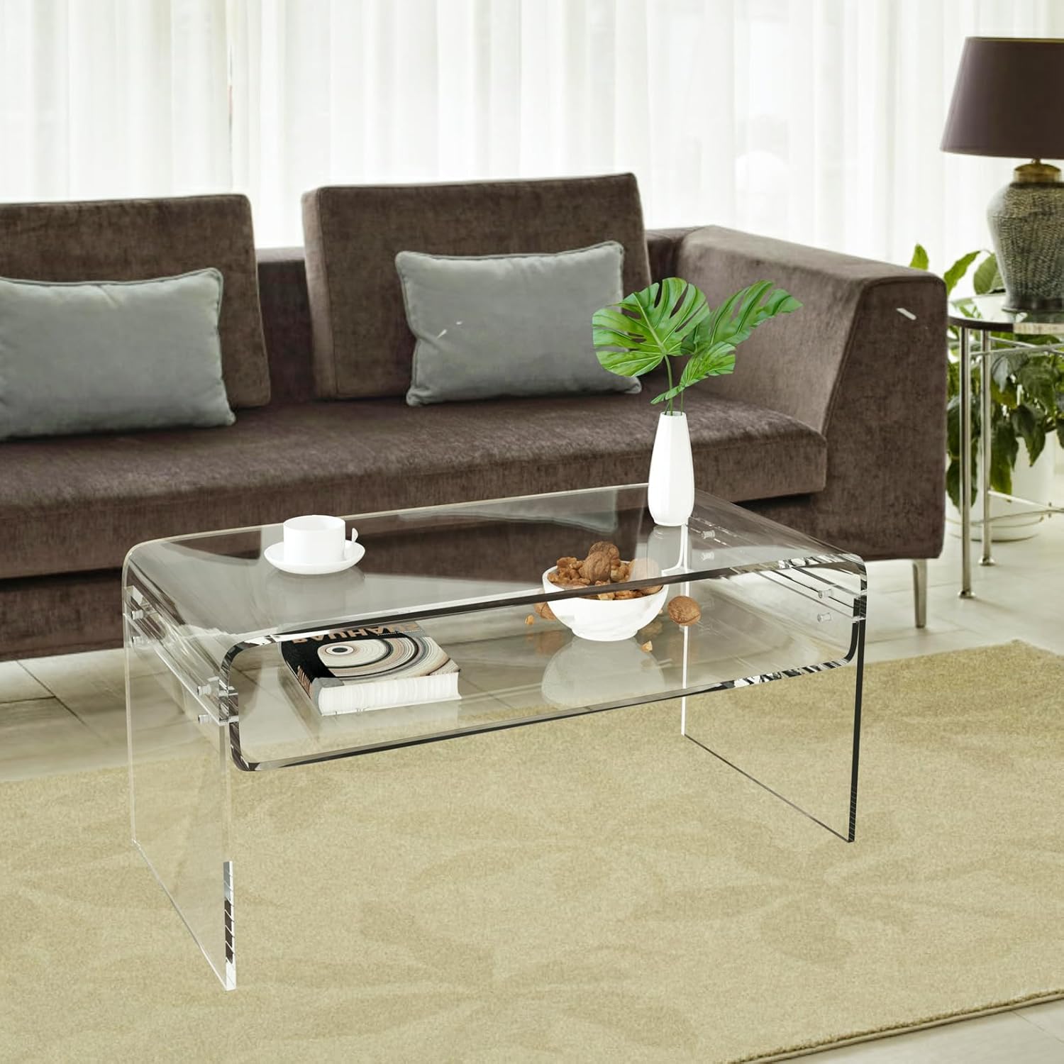 Clear Acrylic Coffee Table with Storage Shelf, 31.5" Rectangular Side Table