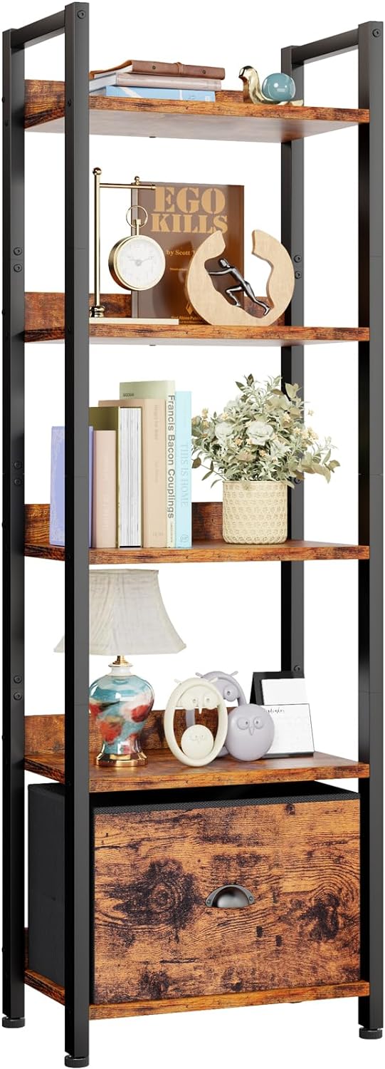 Furologee 5 Tier Bookshelf with Drawer, Tall Narrow Bookcase with Shelves, Wood and Metal Bookshelves Storage Organizer, Industrial Display Standing Shelf Unit for Bedroom, Living Room, Rustic Brown