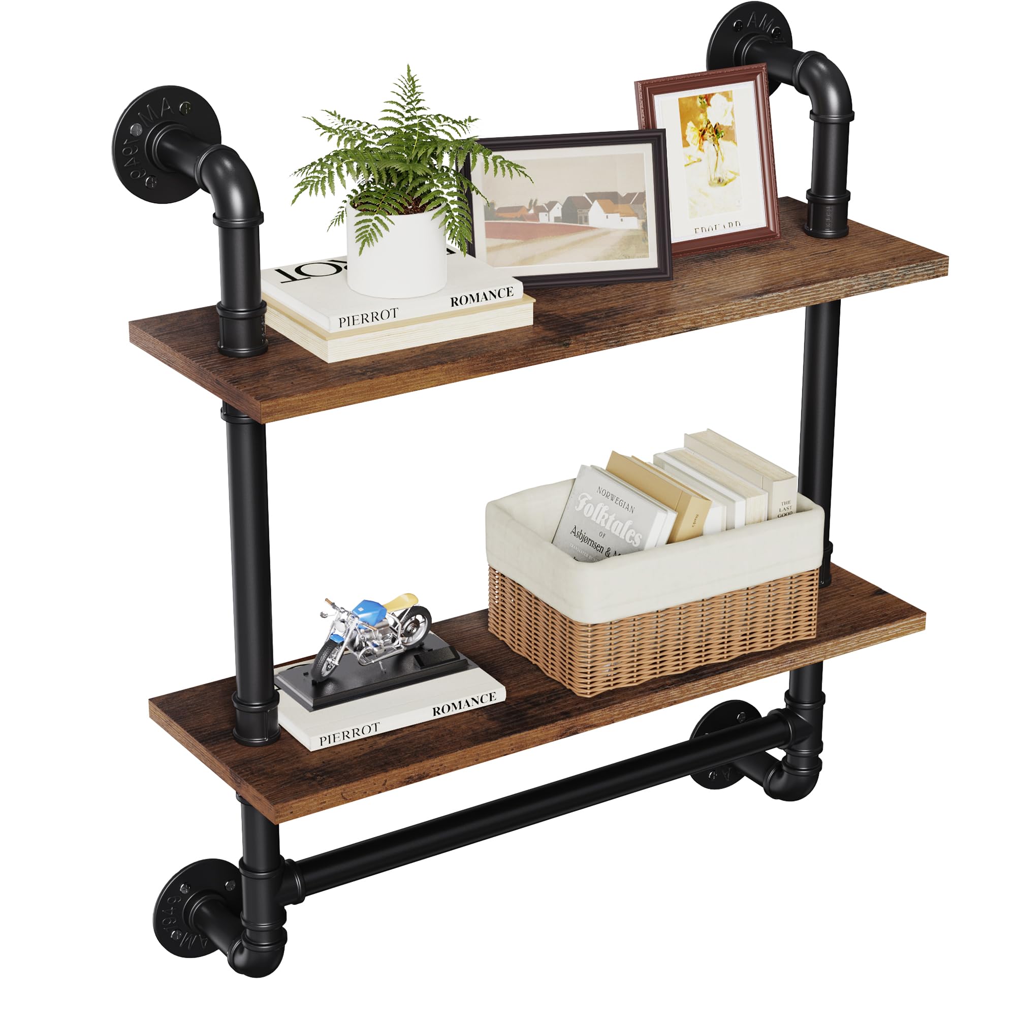 Merapi 24" Industrial Floating Shelves with Tower Bar, Pipe Shelves for Wall, 3 Tier Rustic Wood Wall Shelves for Home Décor, Bedroom, Living Room, Bathroom