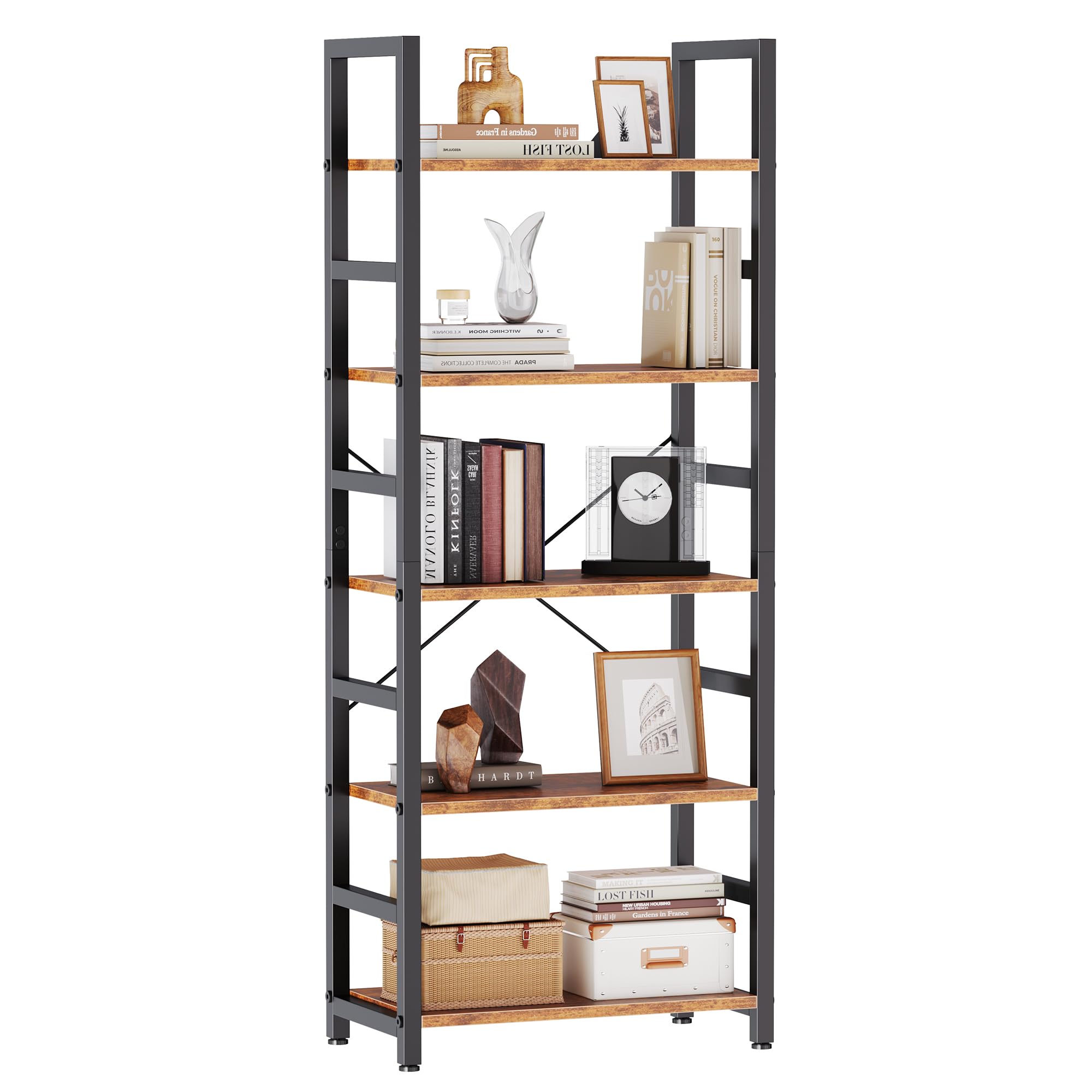 DUMOS 5 Tiers Bookshelf, Classical Modern Book Shelf, Tall Display Shelves in Living Room/Home/Office, Storage Organizer for CDs/Books/Movies, Rustic Brown