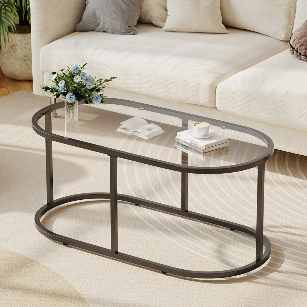 Wolawu Coffee Table Gold Glass Coffee Table for Living Room,2 Tiers Oval Center Table with Sturdy Metal Frame,Modern Tempered Glass Accent Table for Bedroom Home Office