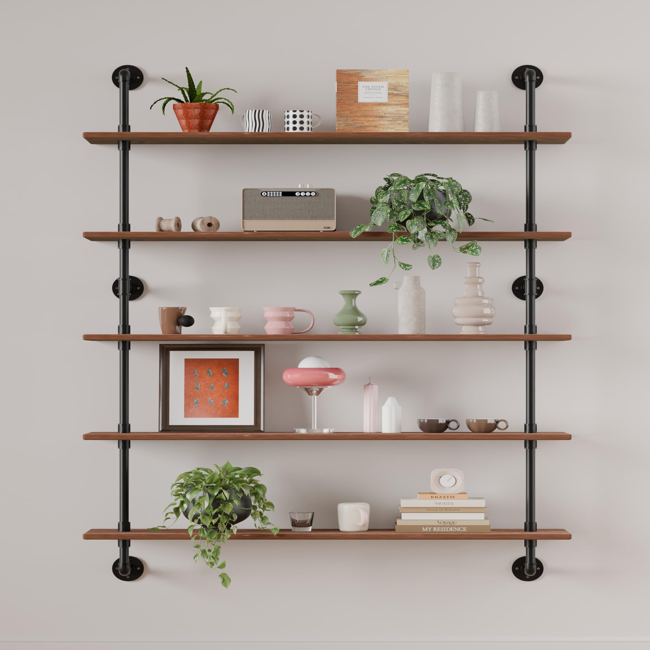 HDDFER Industrial Pipe Shelf Shelving Bookcase, Wall Mounted Rustic Bookshelf, Floating Bookshelves for Wall,Retro Wood Metal Pipe Industrial Shelves for Living Room