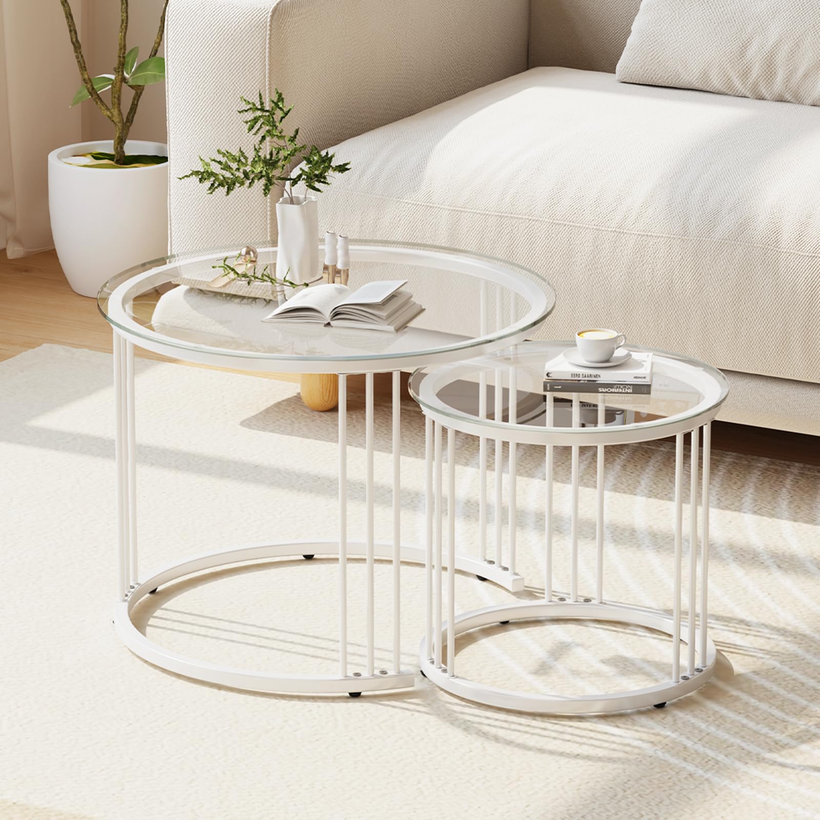 Garden 4 you Nesting Coffee Table, 23.6" Round Coffee Table Set of 2, Glass Nesting Table with Metal Frame, Ceter Tables for Living Room Bedroom Balcony, Gold