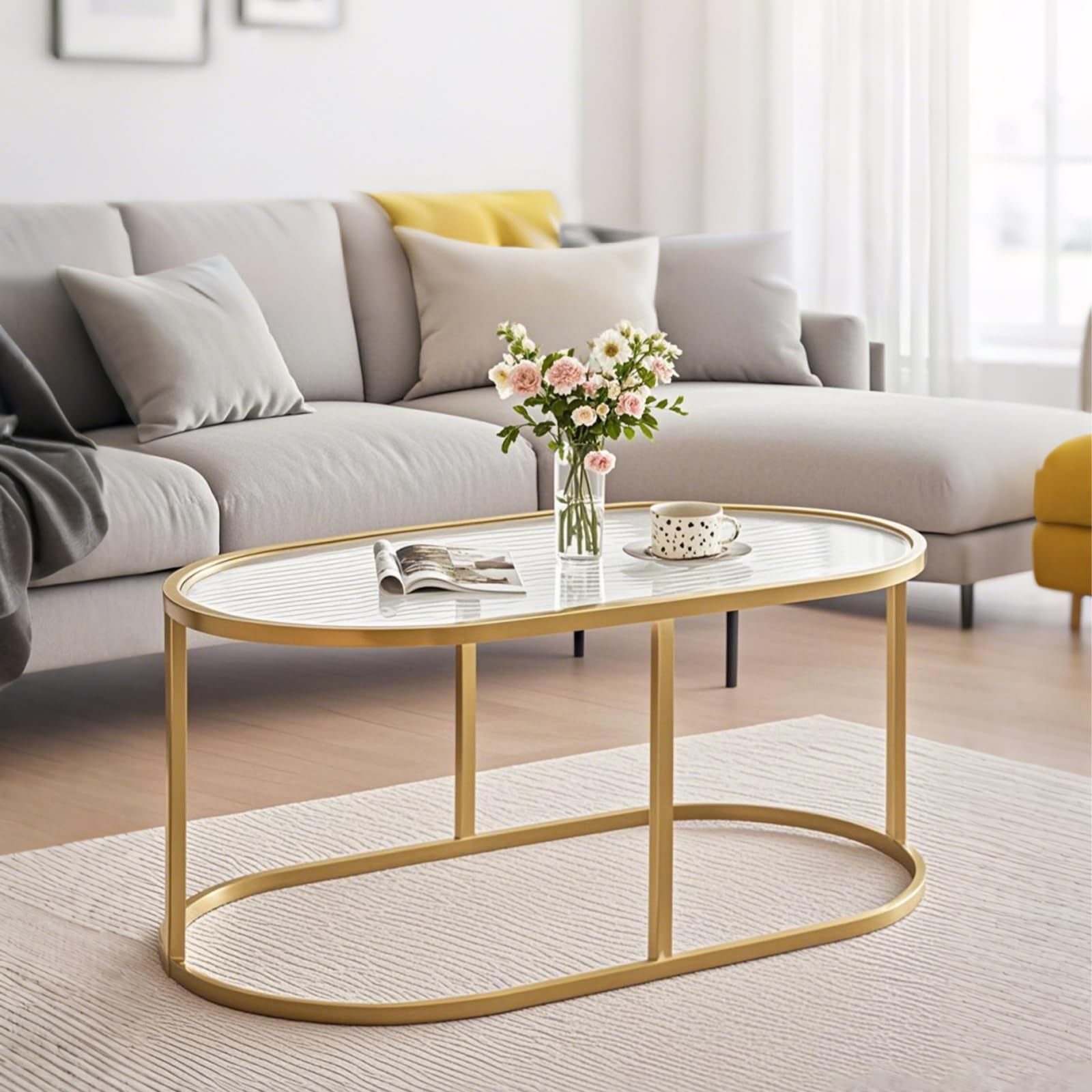 Wolawu Coffee Table Gold Glass Coffee Table for Living Room,2 Tiers Oval Center Table with Sturdy Metal Frame,Modern Tempered Glass Accent Table for Bedroom Home Office