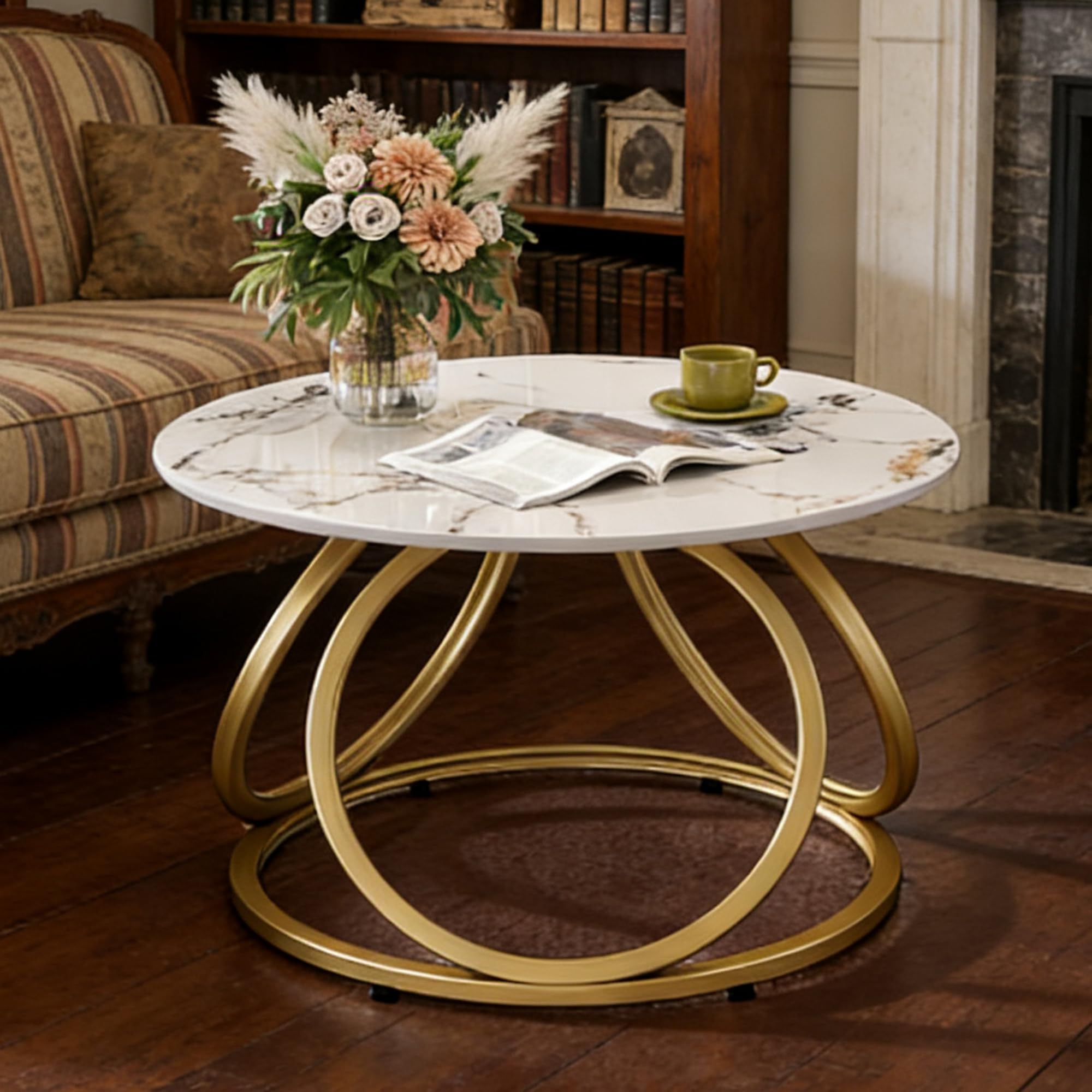 O&K FURNITURE Silver Coffee Table, Modern Glass Coffee Table Living Room Table with Ring-Shaped Frames, Glass Coffee Table for Home&Office, Chrome Finish, 1 PC | Modern