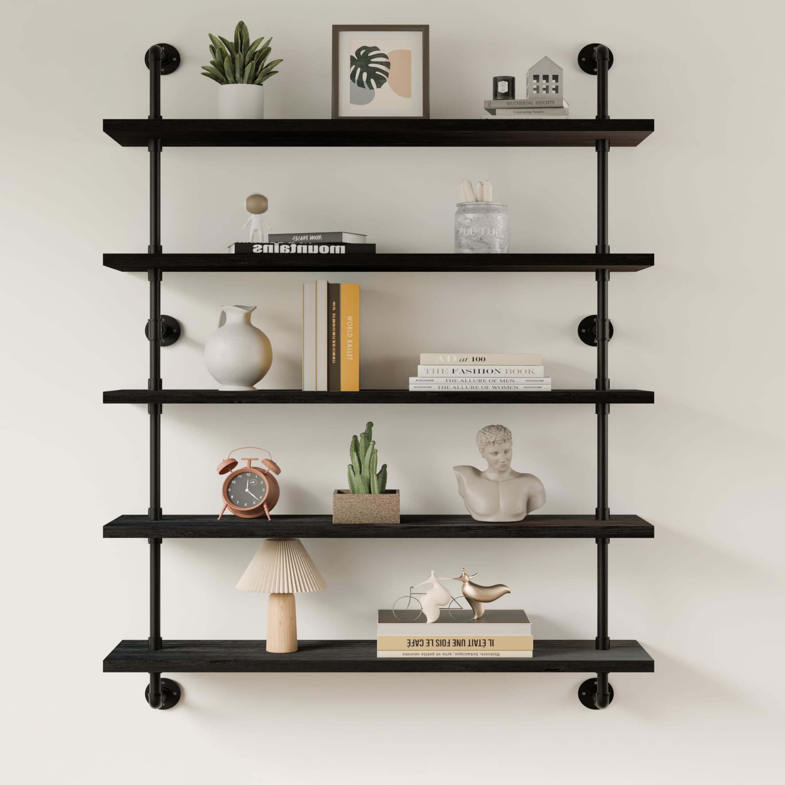 HDDFER Industrial Pipe Shelf Shelving Bookcase, Wall Mounted Rustic Bookshelf, Floating Bookshelves for Wall,Retro Wood Metal Pipe Industrial Shelves for Living Room