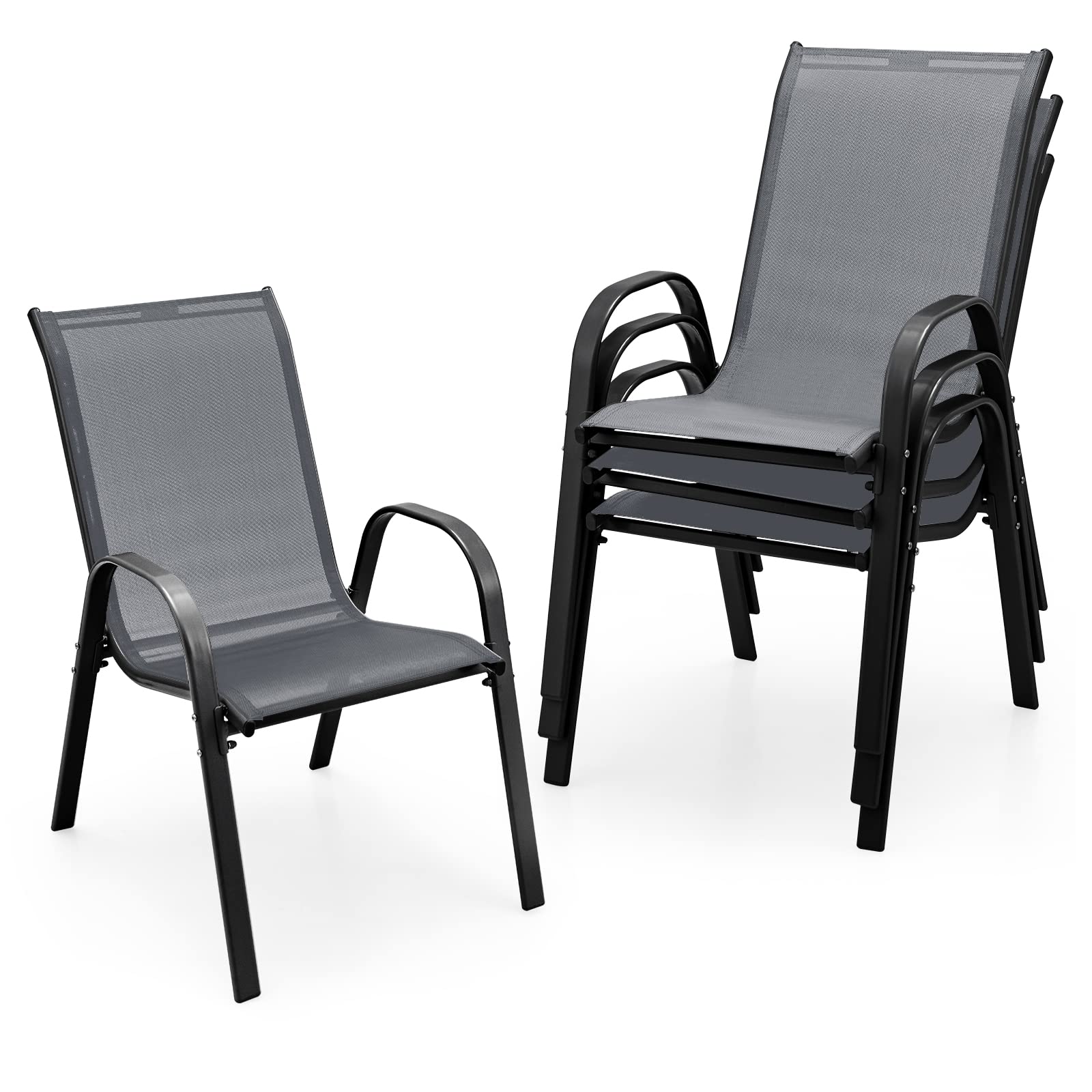 Tangkula Patio Dining Chairs Set of 4, Outdoor Stackable All Weather Heavy Duty Dining Chairs Set with Armrests, Support 330 LBS, for Poolside, Backyard, Garden, Deck, Front Porch (Black)