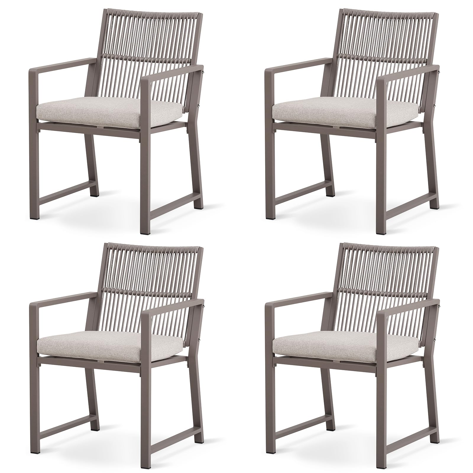 Outdoor Patio Dining Chair, All-Weather Woven Rope Outdoor Chairs Set of 2, Sturdy Iron Frame, 400 lbs, Ergonomic Backrest, Removable Breathable Cushion, for Patio & Garden, Light Brown