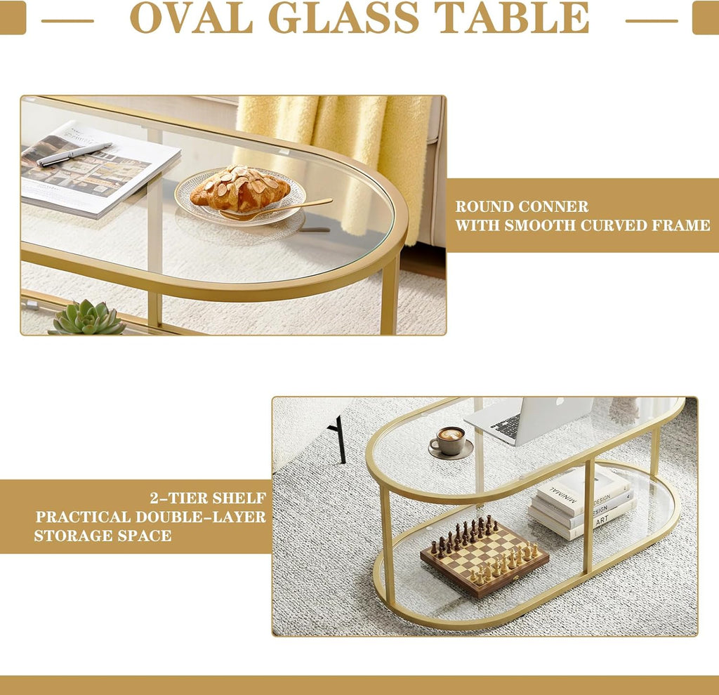 Wolawu Coffee Table Gold Glass Coffee Table for Living Room,2 Tiers Oval Center Table with Sturdy Metal Frame,Modern Tempered Glass Accent Table for Bedroom Home Office