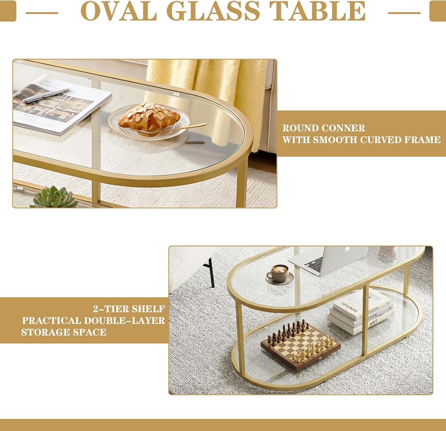 Wolawu Coffee Table Gold Glass Coffee Table for Living Room,2 Tiers Oval Center Table with Sturdy Metal Frame,Modern Tempered Glass Accent Table for Bedroom Home Office