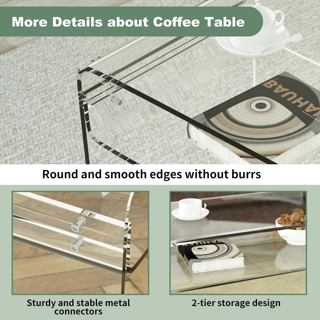 Clear Acrylic Coffee Table with Storage Shelf, 31.5" Rectangular Side Table