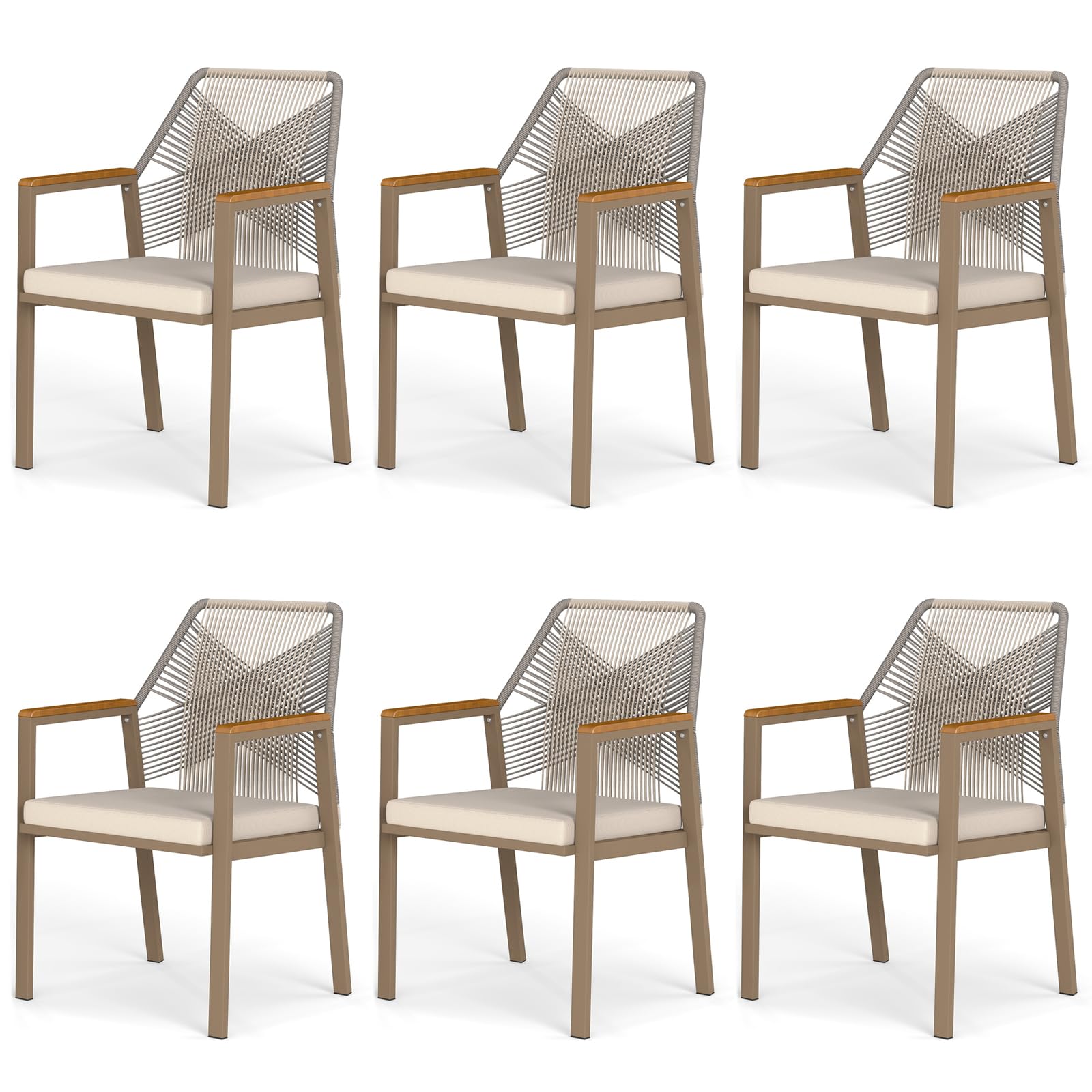 Outdoor Patio Dining Chair, All-Weather Woven Rope Outdoor Chairs Set of 2, Sturdy Iron Frame, 400 lbs, Ergonomic Backrest, Removable Breathable Cushion, for Patio & Garden, Light Brown
