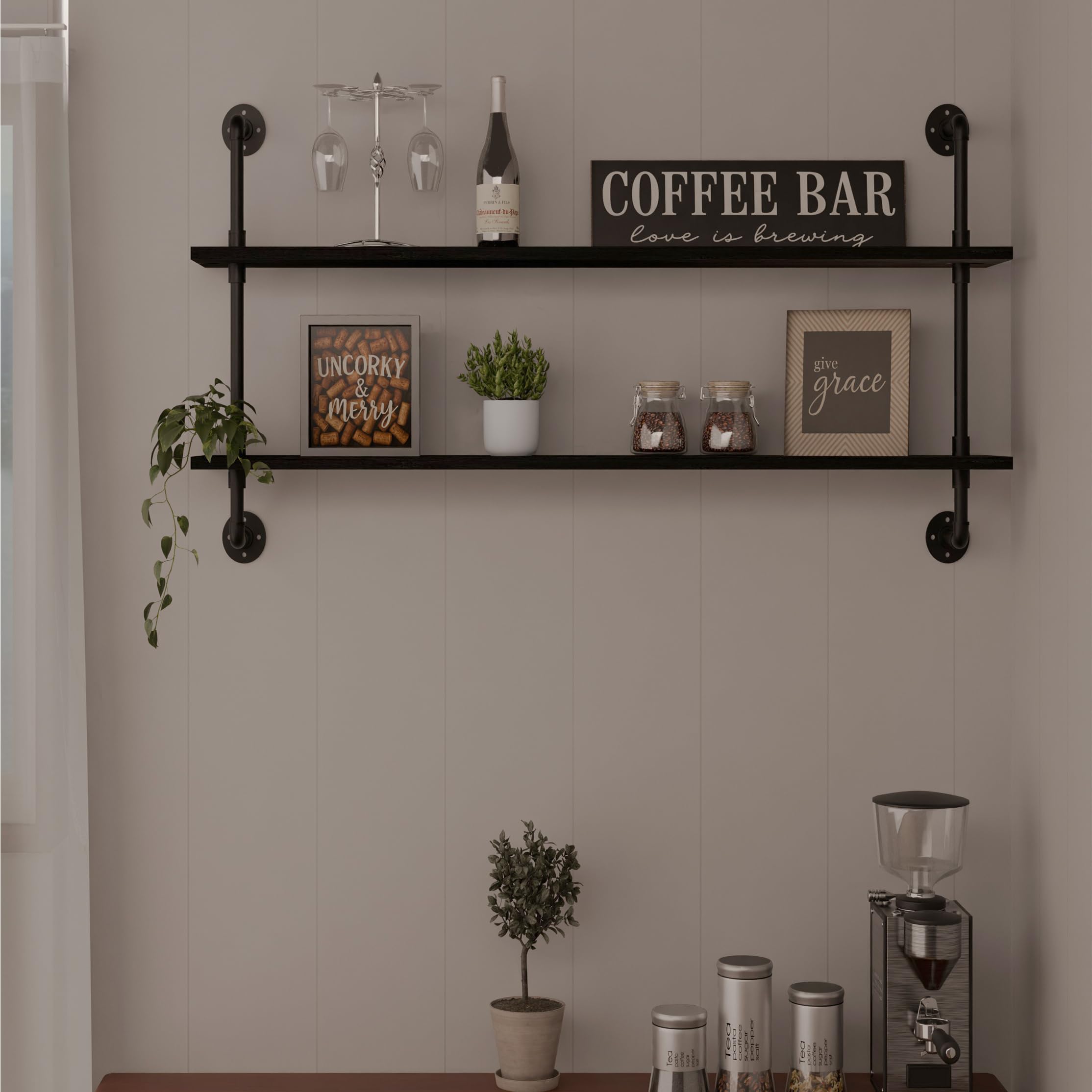 HDDFER Industrial Pipe Shelf Shelving Bookcase, Wall Mounted Rustic Bookshelf, Floating Bookshelves for Wall,Retro Wood Metal Pipe Industrial Shelves for Living Room