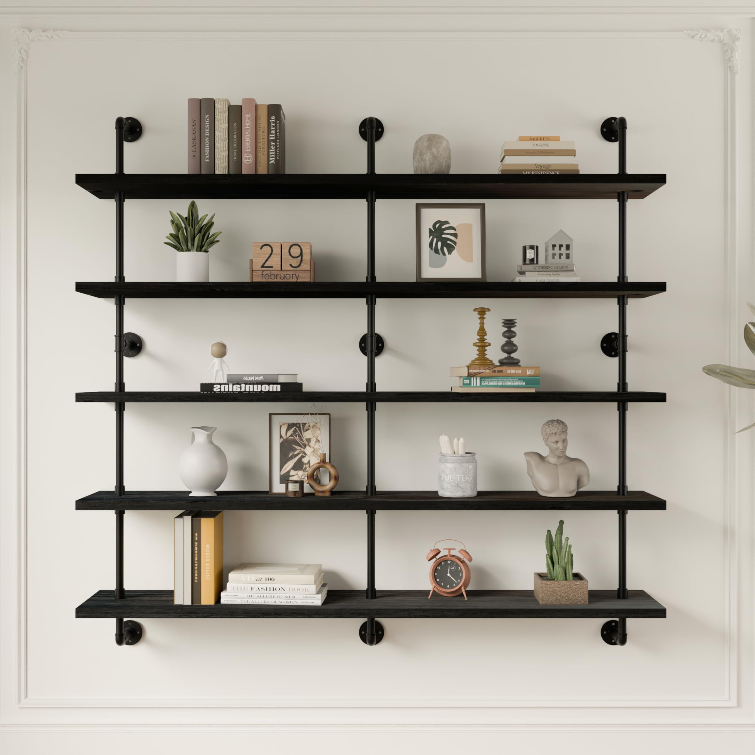 HDDFER Industrial Pipe Shelf Shelving Bookcase, Wall Mounted Rustic Bookshelf, Floating Bookshelves for Wall,Retro Wood Metal Pipe Industrial Shelves for Living Room