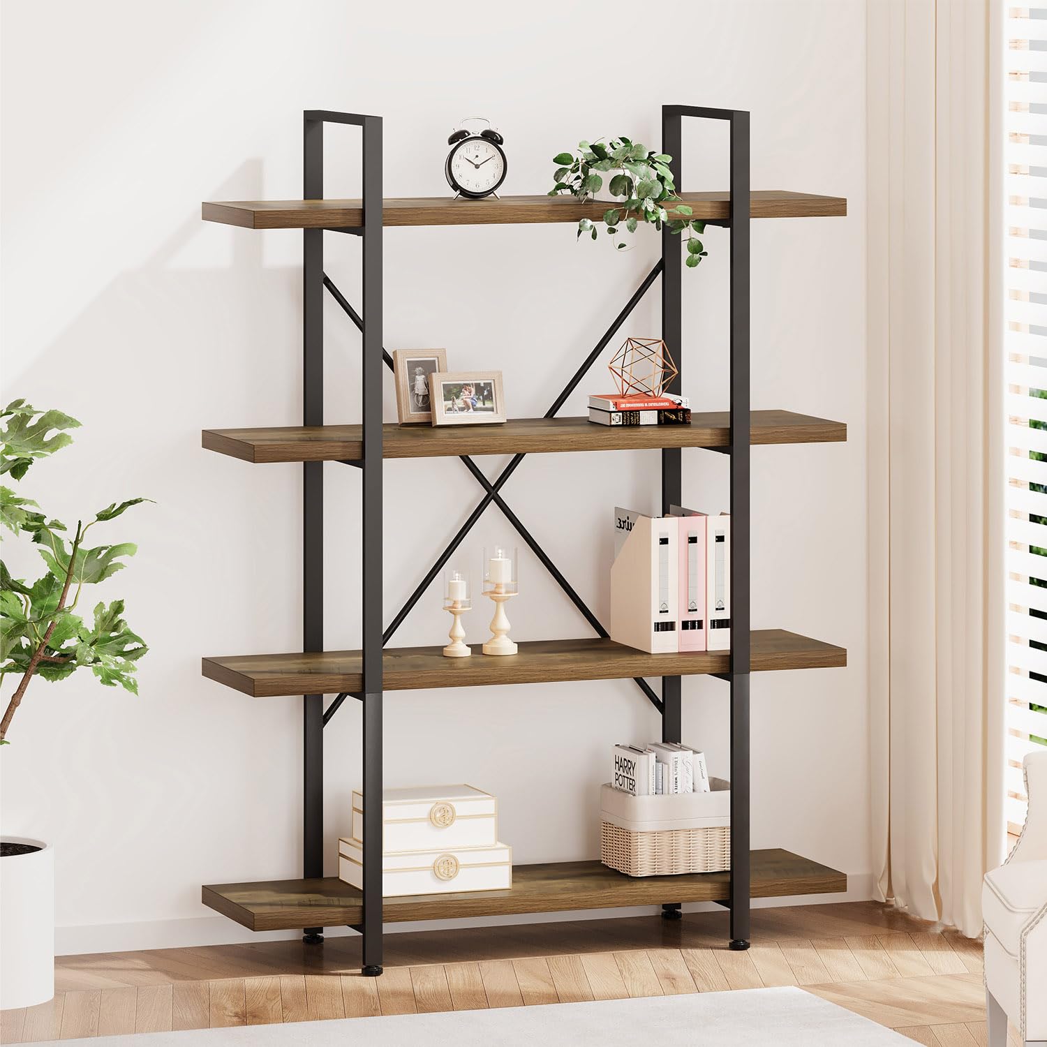 HSH 4-Shelf Vintage Industrial Bookshelf, Rustic Gray Wood and Metal 4 Tier Bookcase, Open Wide Etagere Book Shelf for Home Office Livingroom Bedroom Dispaly, Light Grey Oak