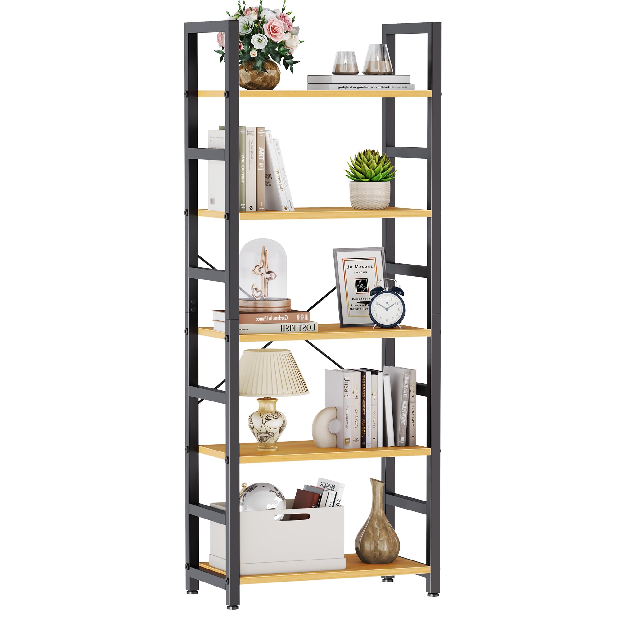 DUMOS 5 Tiers Bookshelf, Classical Modern Book Shelf, Tall Display Shelves in Living Room/Home/Office, Storage Organizer for CDs/Books/Movies, Rustic Brown