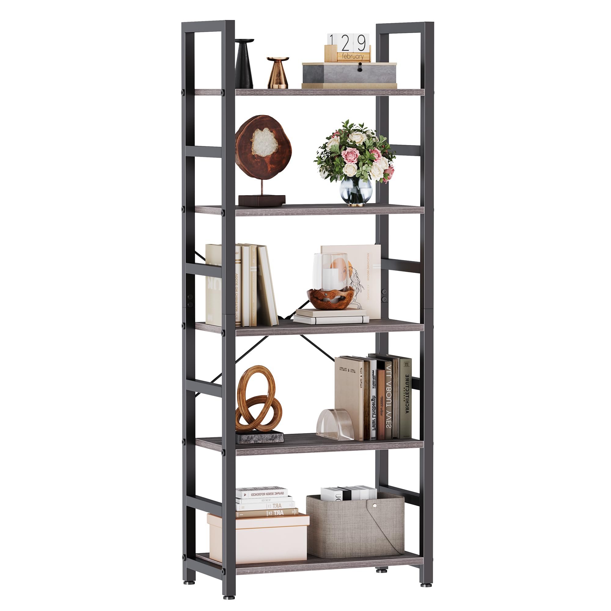 DUMOS 5 Tiers Bookshelf, Classical Modern Book Shelf, Tall Display Shelves in Living Room/Home/Office, Storage Organizer for CDs/Books/Movies, Rustic Brown