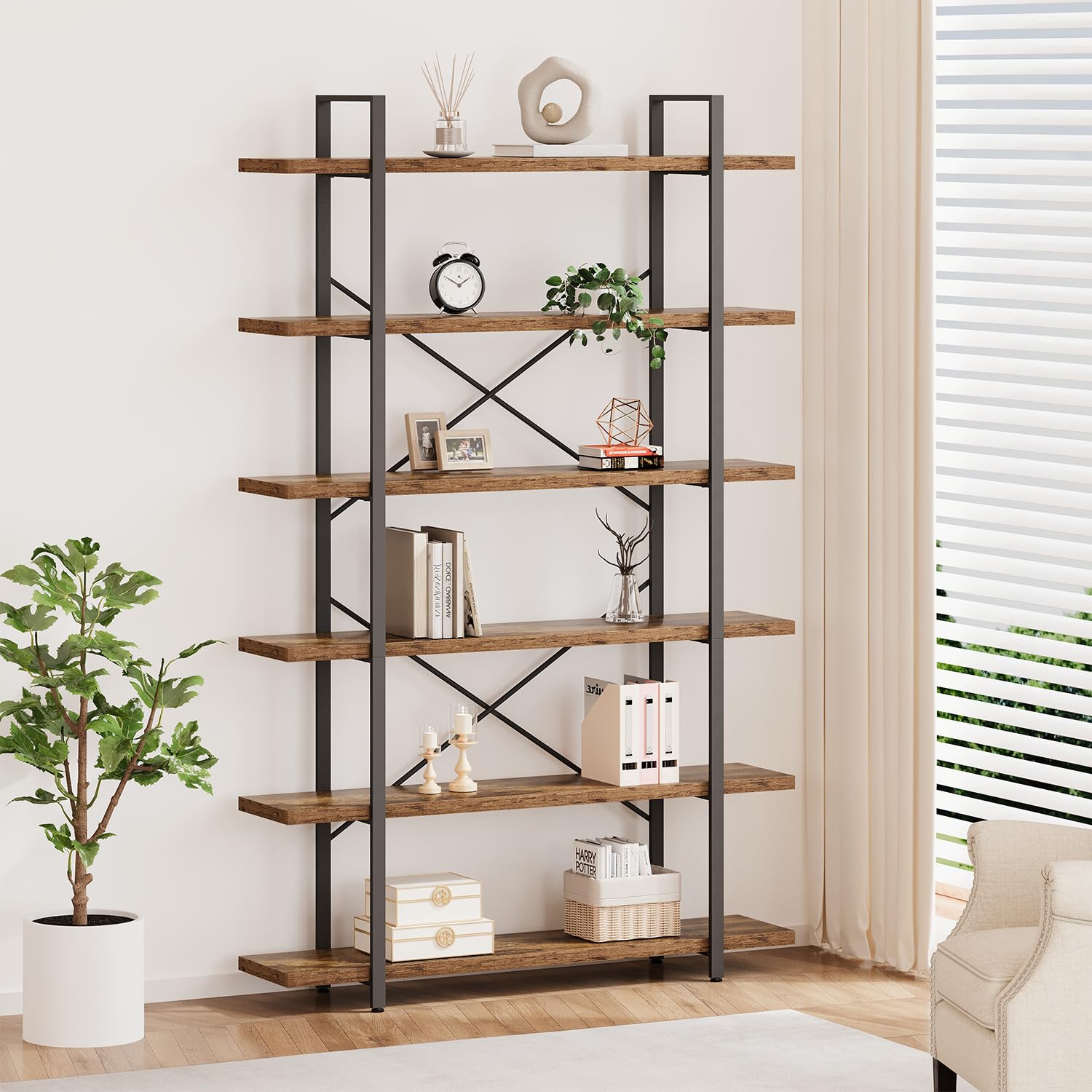 HSH 4-Shelf Vintage Industrial Bookshelf, Rustic Gray Wood and Metal 4 Tier Bookcase, Open Wide Etagere Book Shelf for Home Office Livingroom Bedroom Dispaly, Light Grey Oak