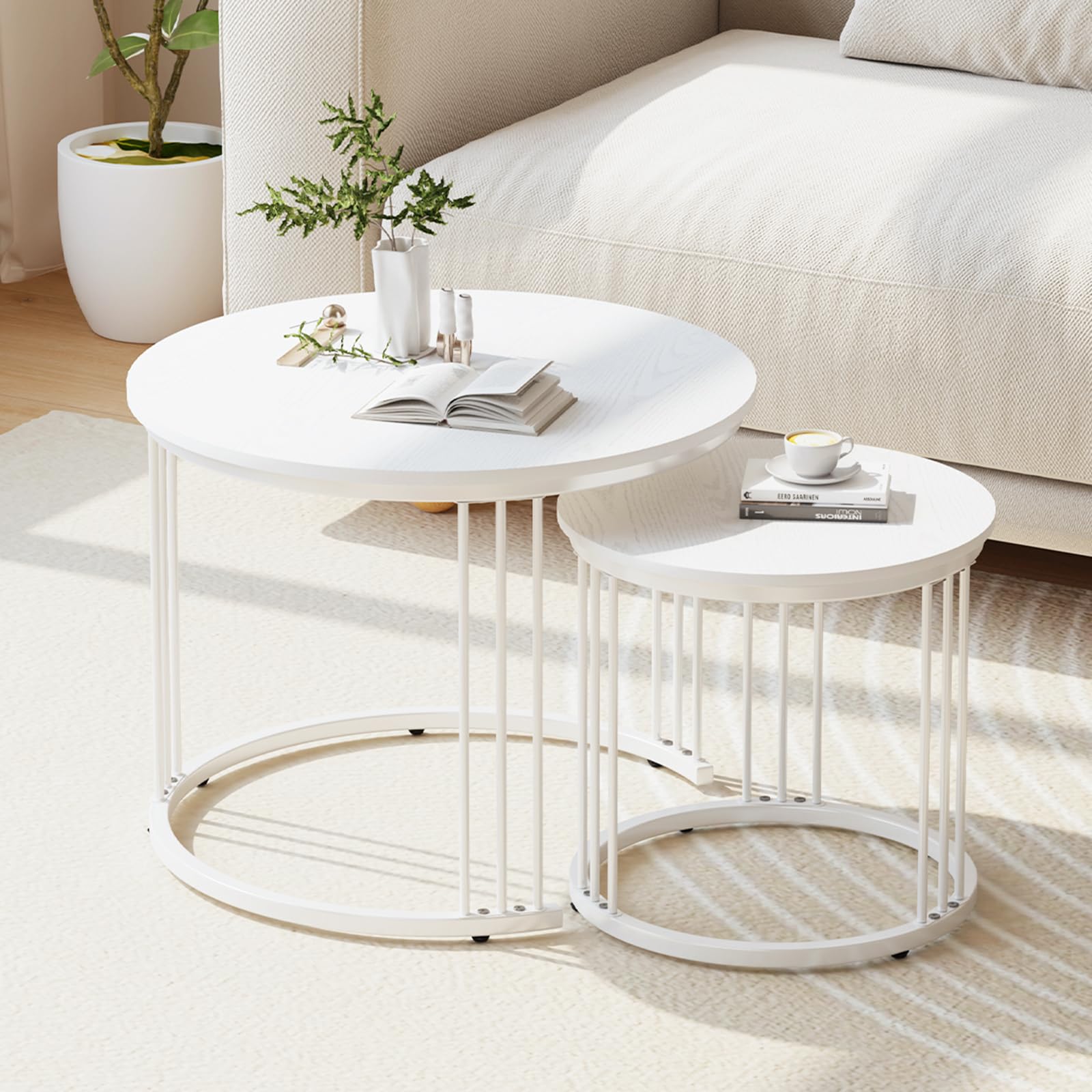 Garden 4 you Nesting Coffee Table, 23.6" Round Coffee Table Set of 2, Glass Nesting Table with Metal Frame, Ceter Tables for Living Room Bedroom Balcony, Gold