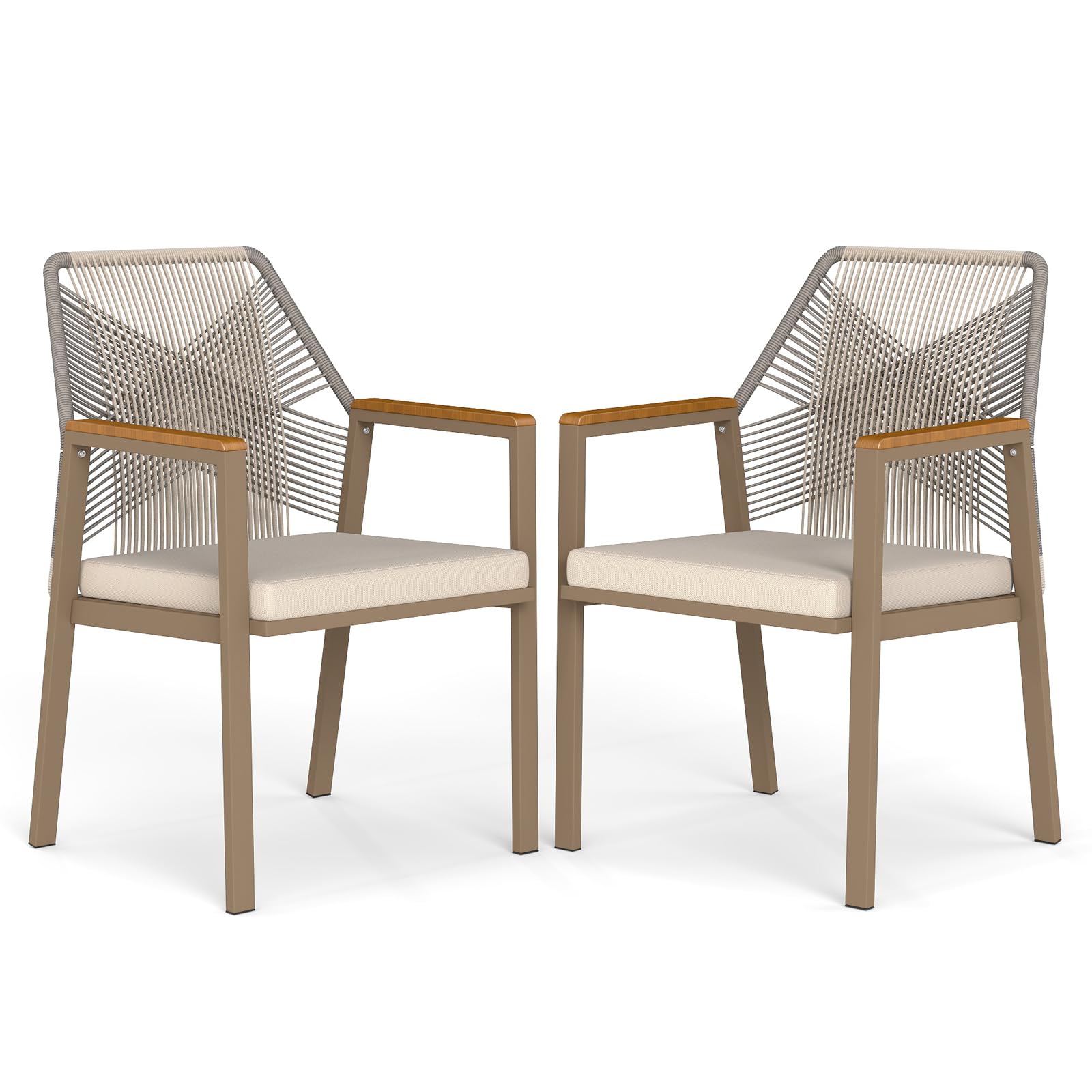 Outdoor Patio Dining Chair, All-Weather Woven Rope Outdoor Chairs Set of 2, Sturdy Iron Frame, 400 lbs, Ergonomic Backrest, Removable Breathable Cushion, for Patio & Garden, Light Brown