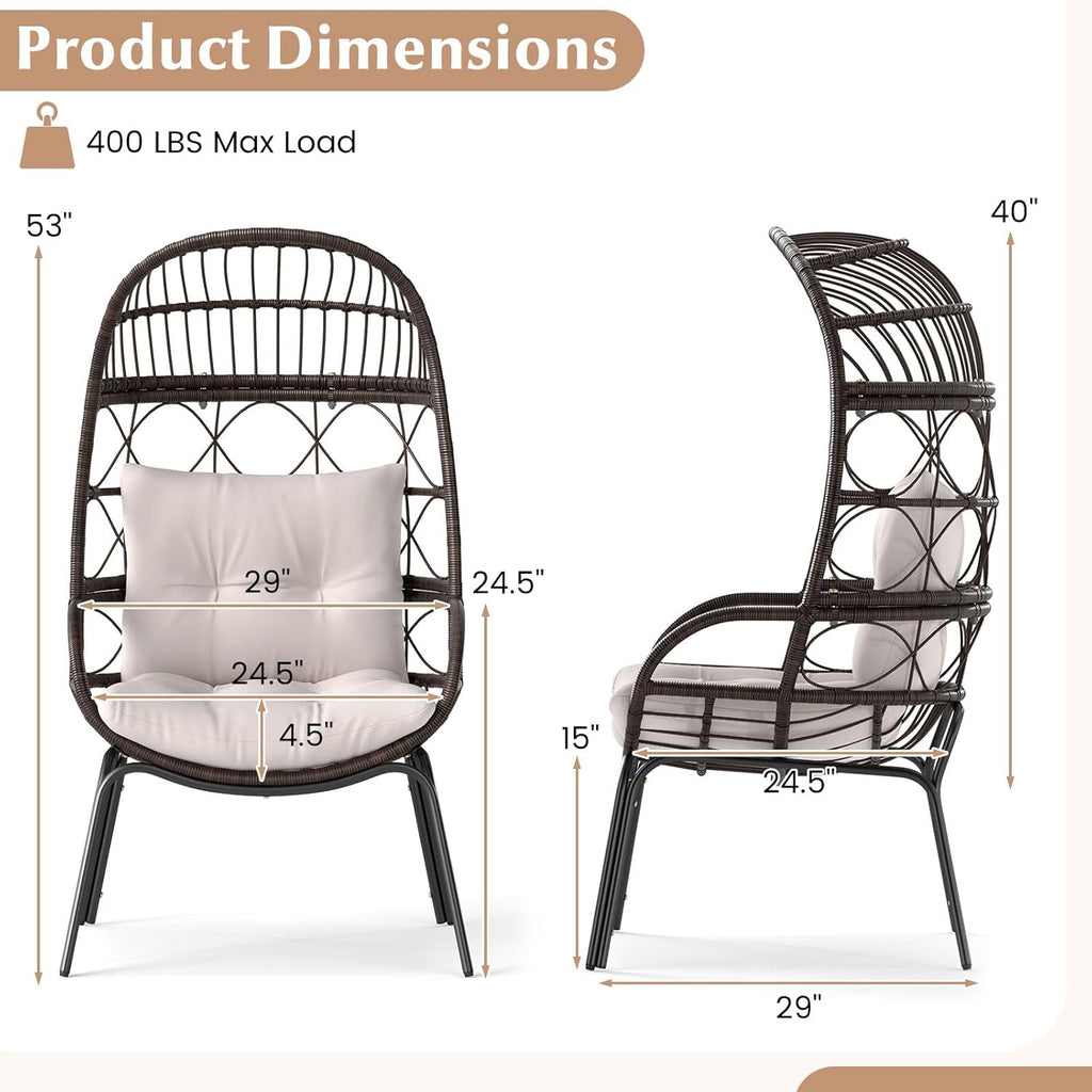 Tangkula Narrow Wicker Egg Chair Outdoor, Patio Rattan Lounge Basket with Seat & Back Cushions, Metal Indoor Outdoor Leisure Sofa Cocoon Chair for Bedroom, Backyard, Balcony, 400 lbs Max Load