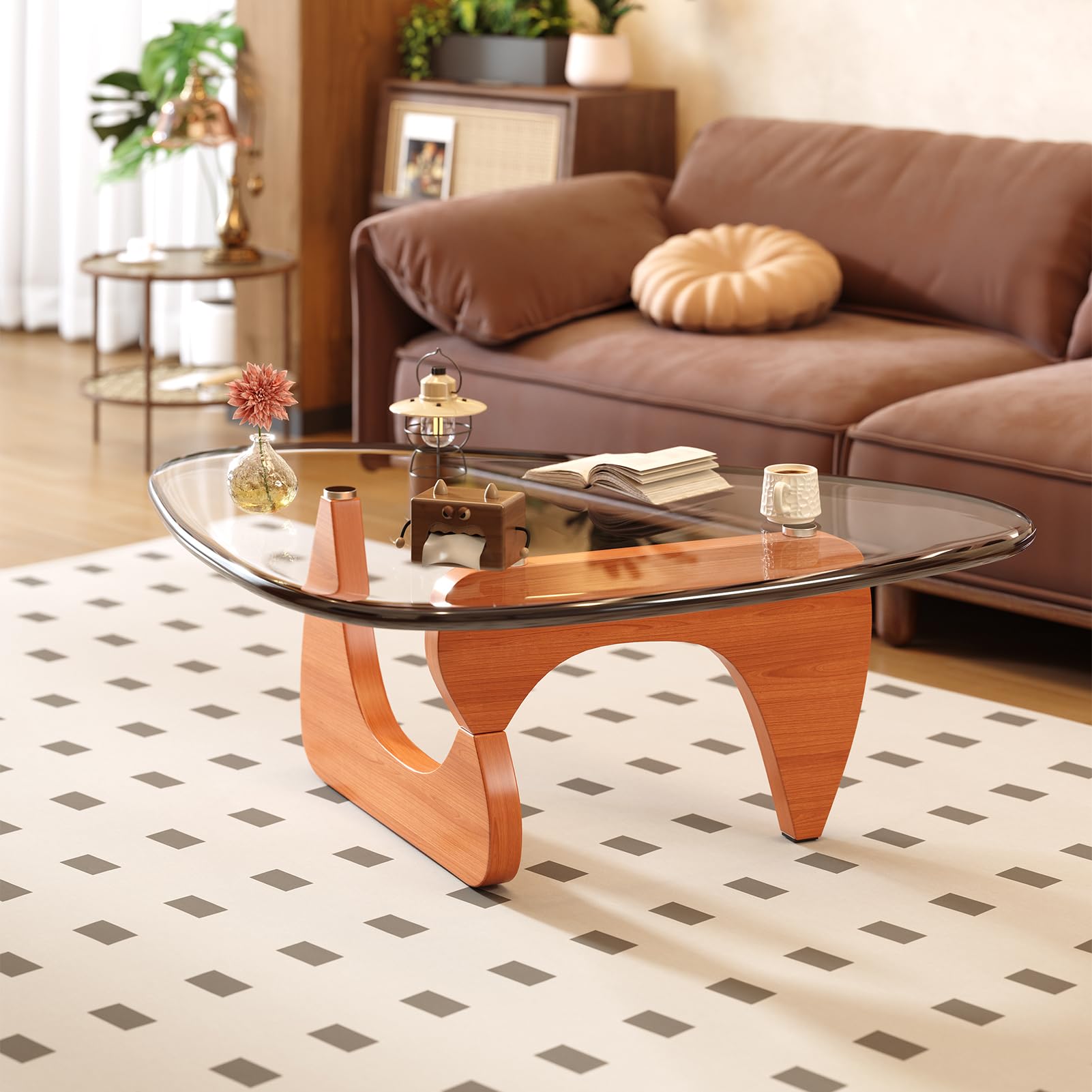 Coffee Table for Living Room Mid Century Modern Center Table with Glass Top and Wood,36 Inch, Transparent/Walnut