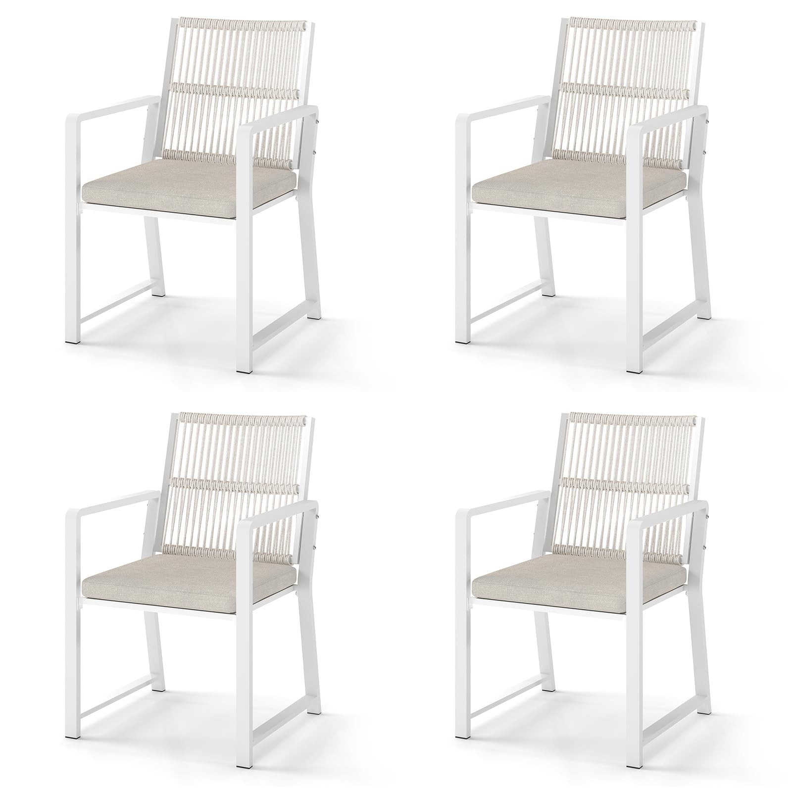 Outdoor Patio Dining Chair, All-Weather Woven Rope Outdoor Chairs Set of 2, Sturdy Iron Frame, 400 lbs, Ergonomic Backrest, Removable Breathable Cushion, for Patio & Garden, Light Brown