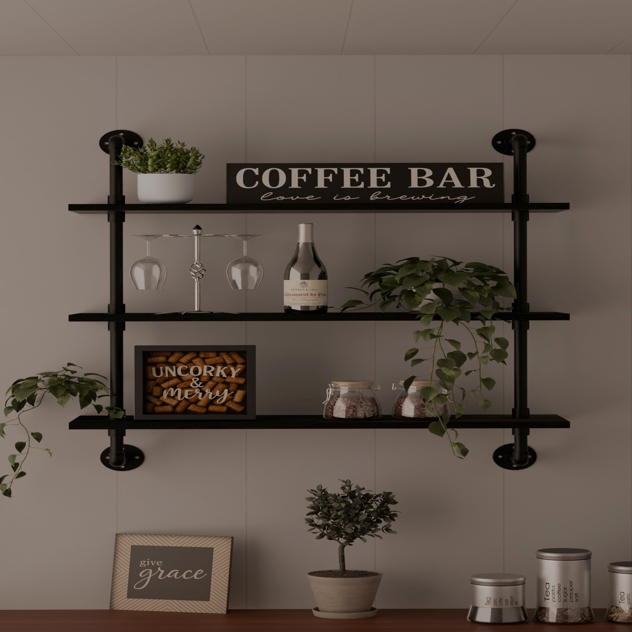 HDDFER Industrial Pipe Shelf Shelving Bookcase, Wall Mounted Rustic Bookshelf, Floating Bookshelves for Wall,Retro Wood Metal Pipe Industrial Shelves for Living Room