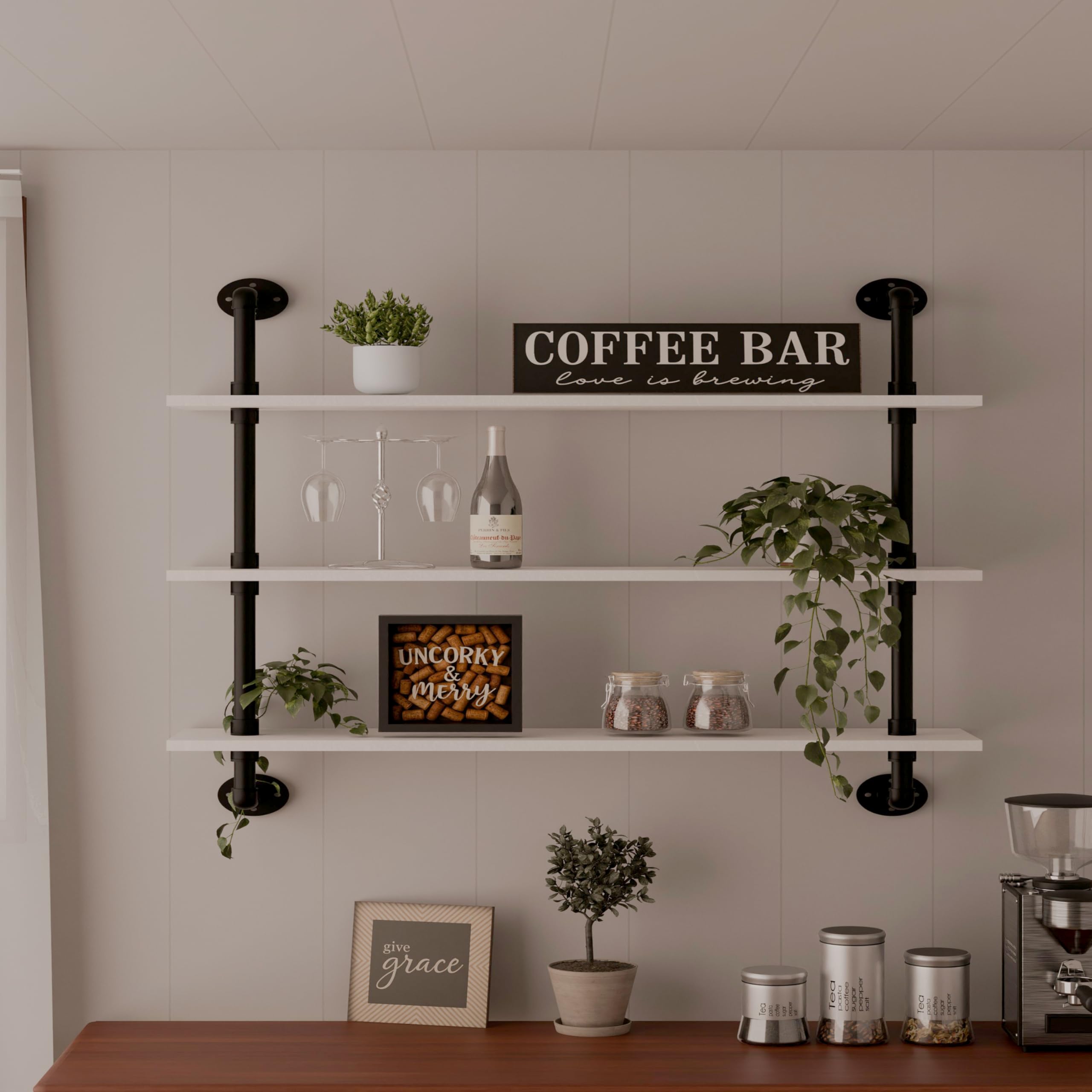 HDDFER Industrial Pipe Shelf Shelving Bookcase, Wall Mounted Rustic Bookshelf, Floating Bookshelves for Wall,Retro Wood Metal Pipe Industrial Shelves for Living Room