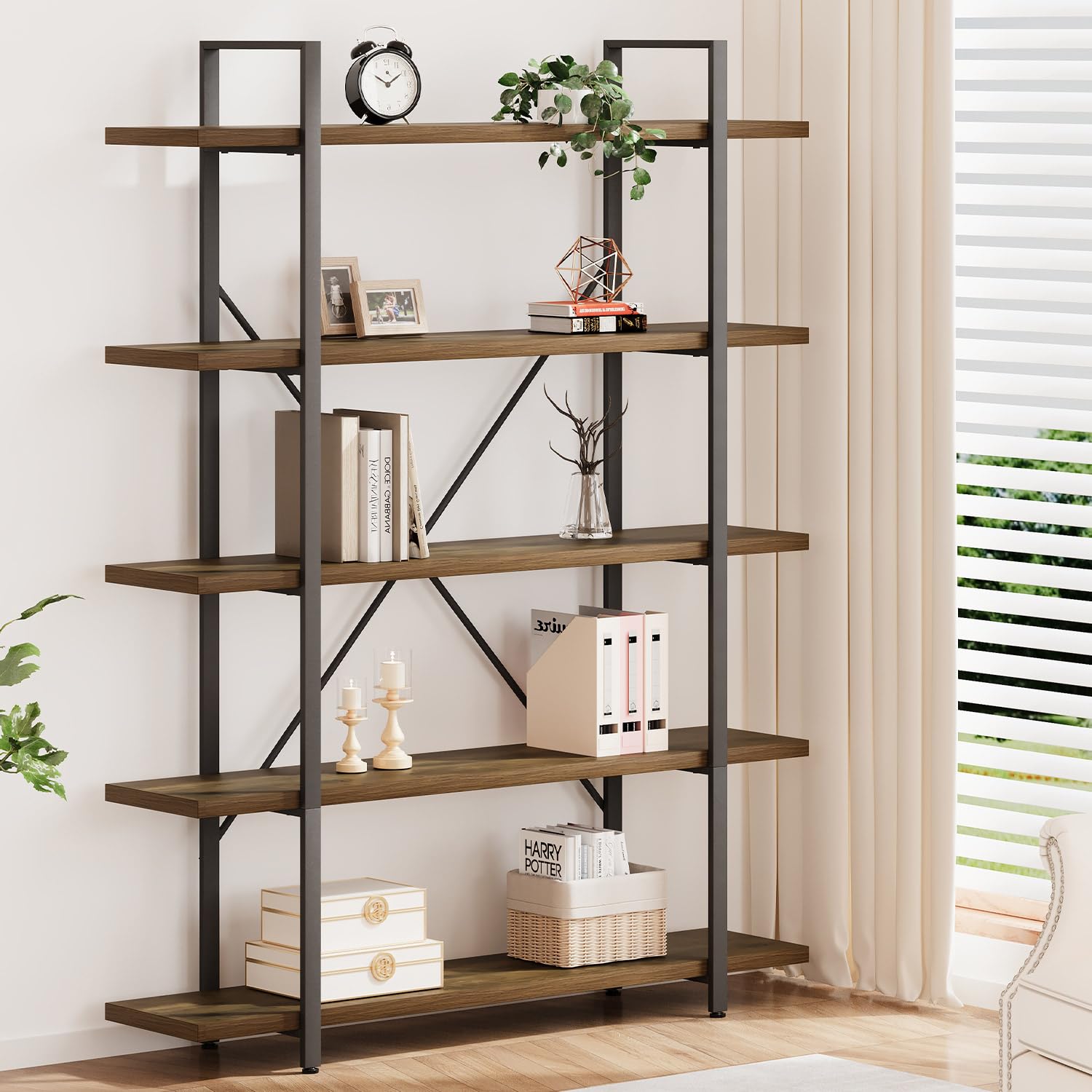 HSH 4-Shelf Vintage Industrial Bookshelf, Rustic Gray Wood and Metal 4 Tier Bookcase, Open Wide Etagere Book Shelf for Home Office Livingroom Bedroom Dispaly, Light Grey Oak