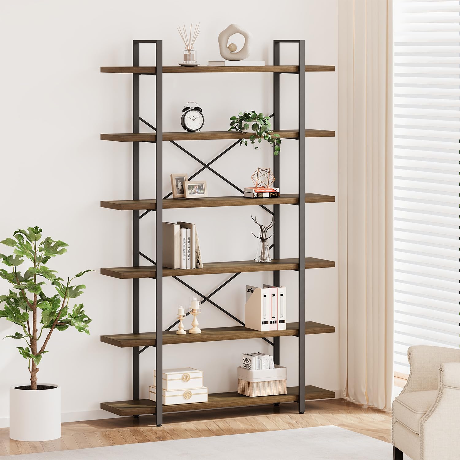 HSH 4-Shelf Vintage Industrial Bookshelf, Rustic Gray Wood and Metal 4 Tier Bookcase, Open Wide Etagere Book Shelf for Home Office Livingroom Bedroom Dispaly, Light Grey Oak