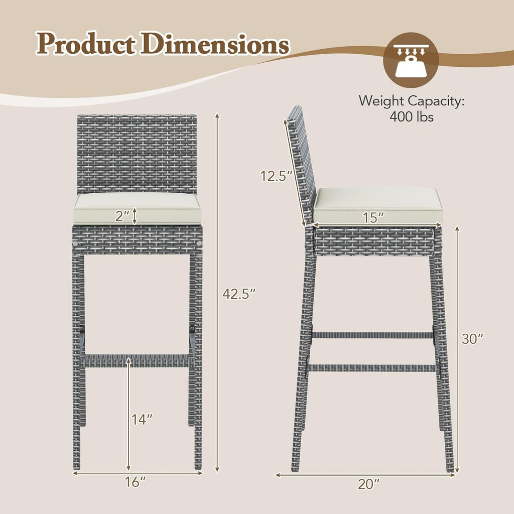COSTWAY Outdoor Wicker Bar Stools Set of 2, 30'' Patio Bar Height Chairs with Cushion, Footrest and Backrest, Rattan Barstools for Backyard Poolside Deck (Grey)