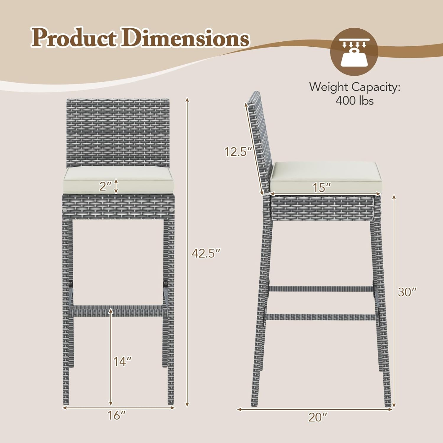 COSTWAY Outdoor Wicker Bar Stools Set of 2, 30'' Patio Bar Height Chairs with Cushion, Footrest and Backrest, Rattan Barstools for Backyard Poolside Deck (Grey)