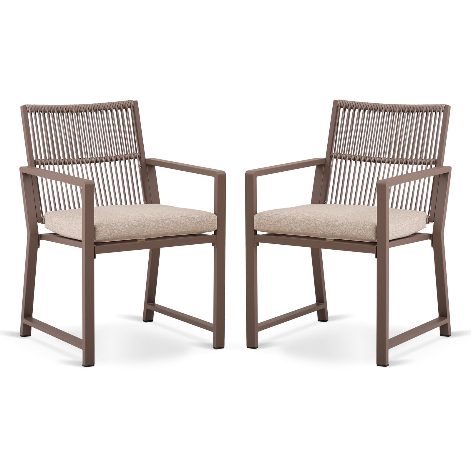 Outdoor Patio Dining Chair, All-Weather Woven Rope Outdoor Chairs Set of 2, Sturdy Iron Frame, 400 lbs, Ergonomic Backrest, Removable Breathable Cushion, for Patio & Garden, Light Brown