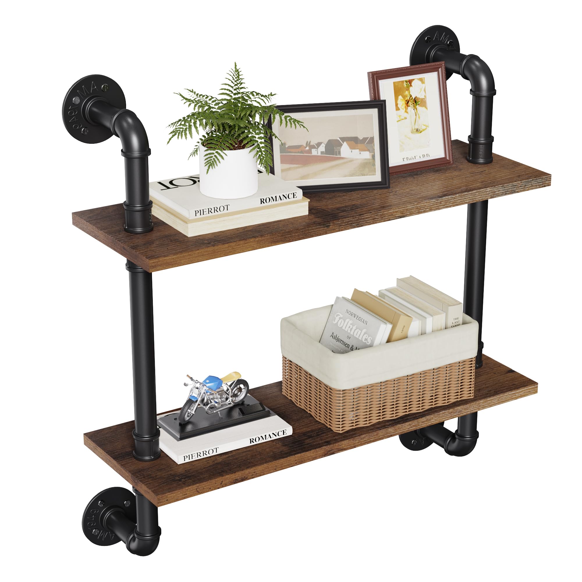 Merapi 24" Industrial Floating Shelves with Tower Bar, Pipe Shelves for Wall, 3 Tier Rustic Wood Wall Shelves for Home Décor, Bedroom, Living Room, Bathroom